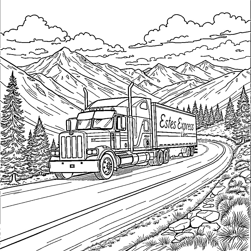 Truck transporting cargo through scenic mountain landscape Coloring Page (free black-and-white line drawing printable PDF for all, from beginners to advanced learners, including children, teens, adults, and seniors)