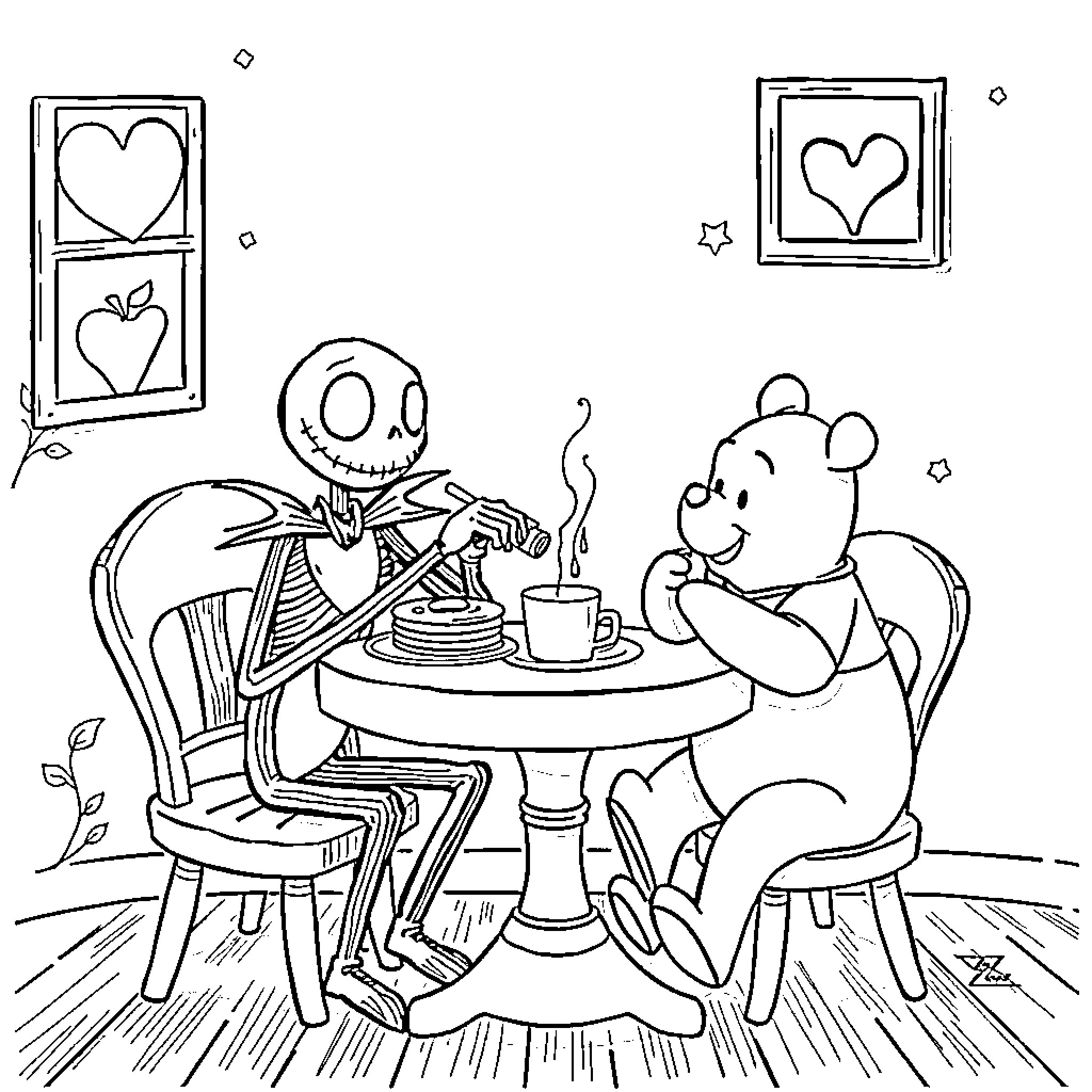 Jack Skellington sharing tea with Winnie the Pooh Coloring Page (free black-and-white line drawing printable PDF for all, from beginners to advanced learners, including children, teens, adults, and seniors)