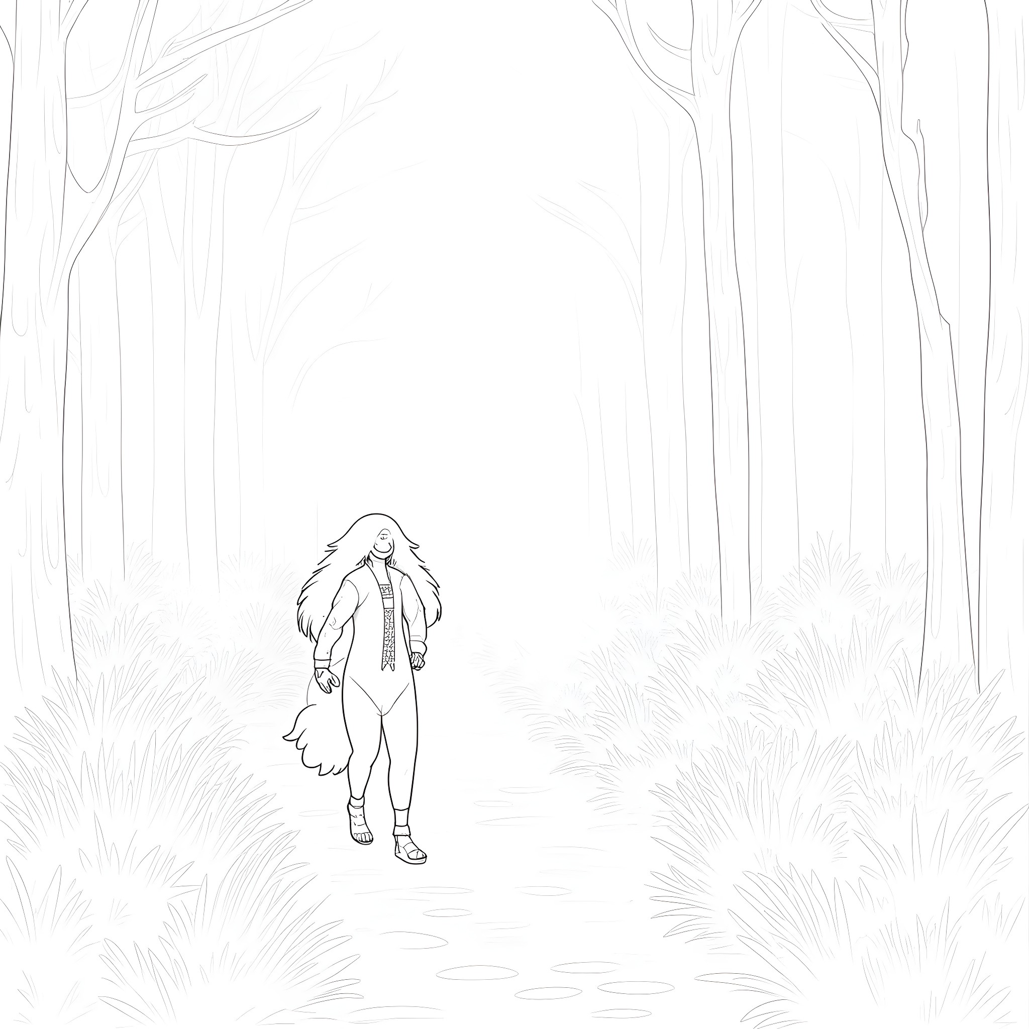 Sesshomaru walking alone in a serene forest Coloring Page (free black-and-white line drawing printable PDF for all, from beginners to advanced learners, including children, teens, adults, and seniors)