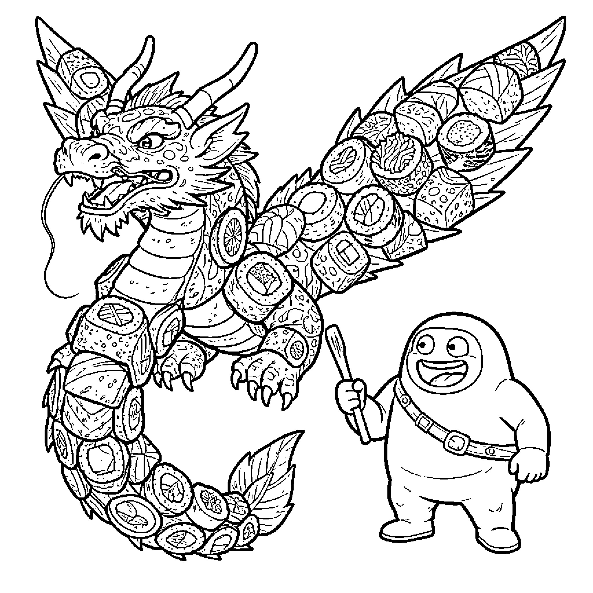 Dragon composed of sushi rolls flying near a smiling character Coloring Page (free black-and-white line drawing printable PDF for all, from beginners to advanced learners, including children, teens, adults, and seniors)