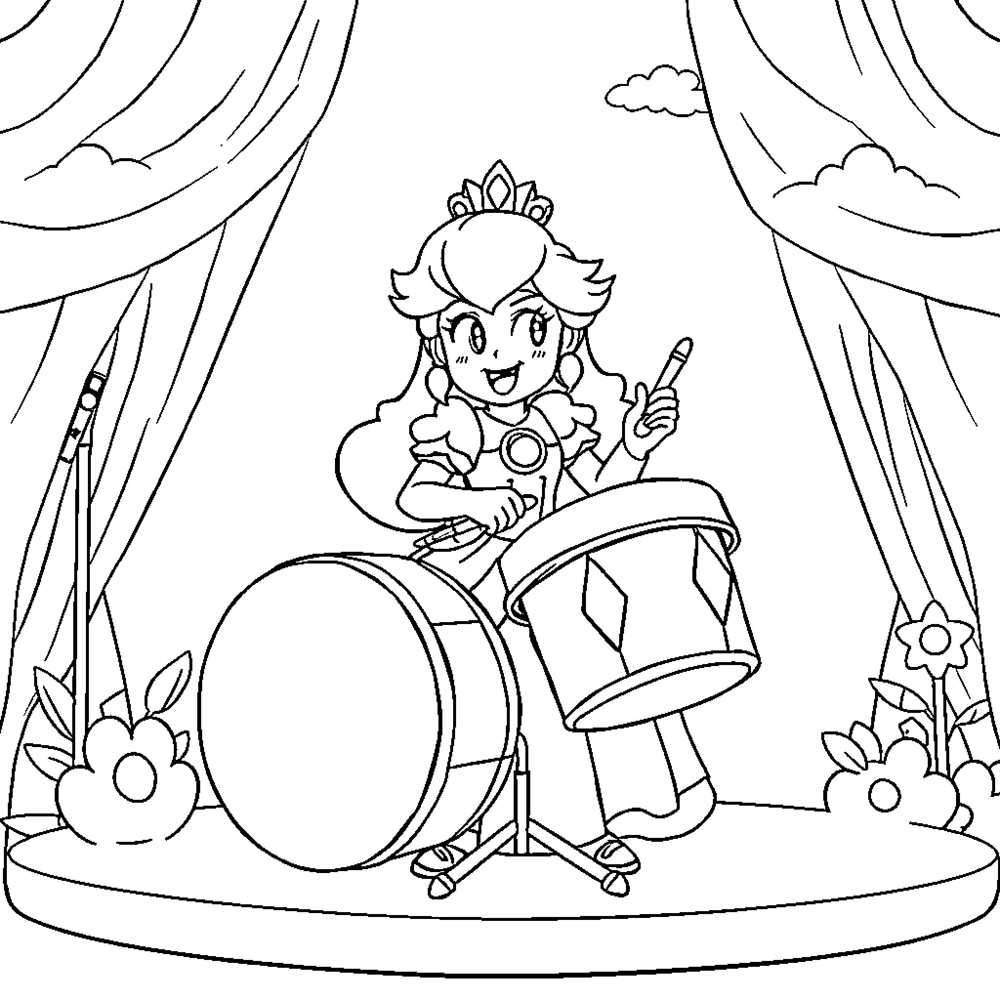 Princess performing on stage with musical instruments Coloring Page (free black-and-white line drawing printable PDF for all, from beginners to advanced learners, including children, teens, adults, and seniors)