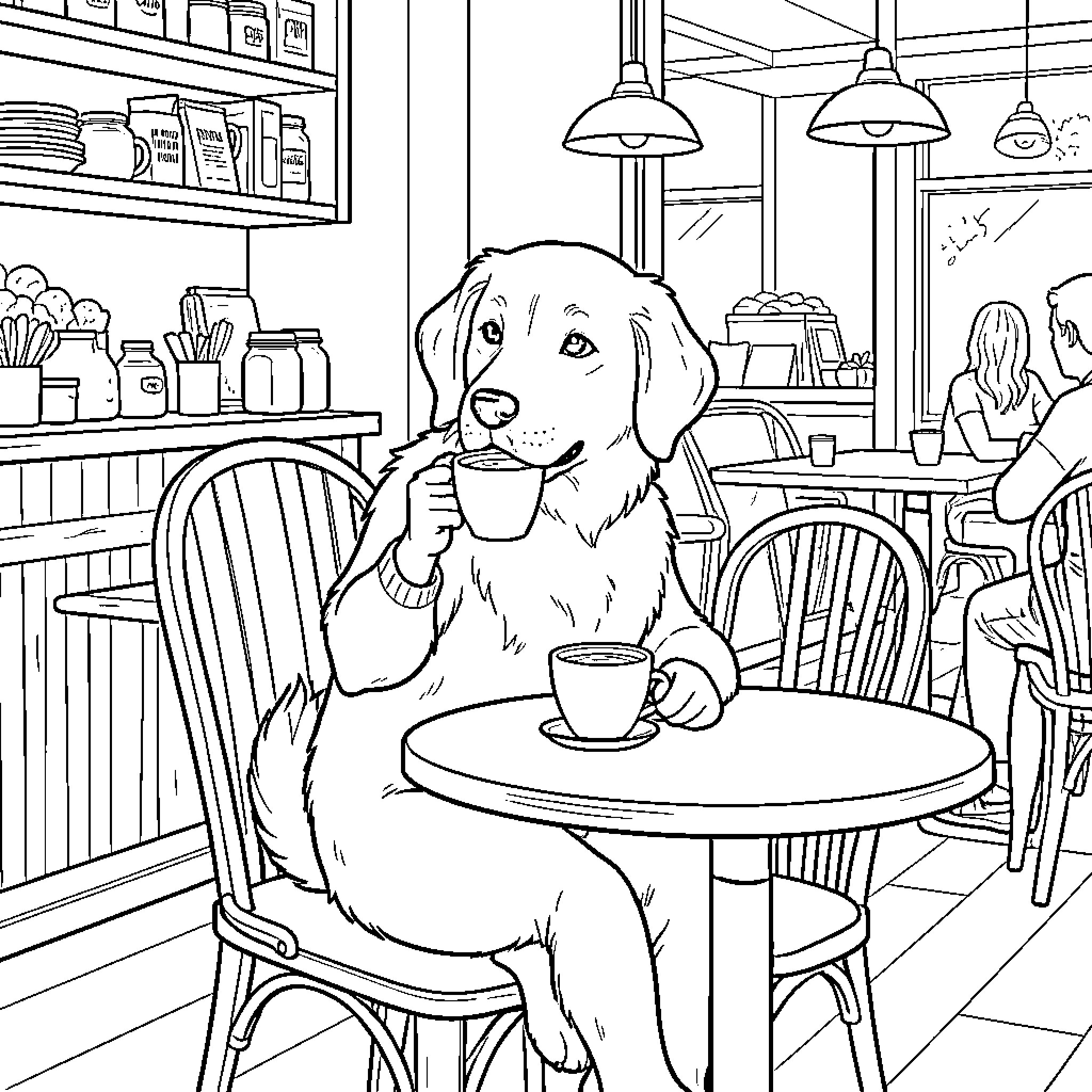 Dog sitting at a cafe table drinking coffee Coloring Page (free black-and-white line drawing printable PDF for all, from beginners to advanced learners, including children, teens, adults, and seniors)
