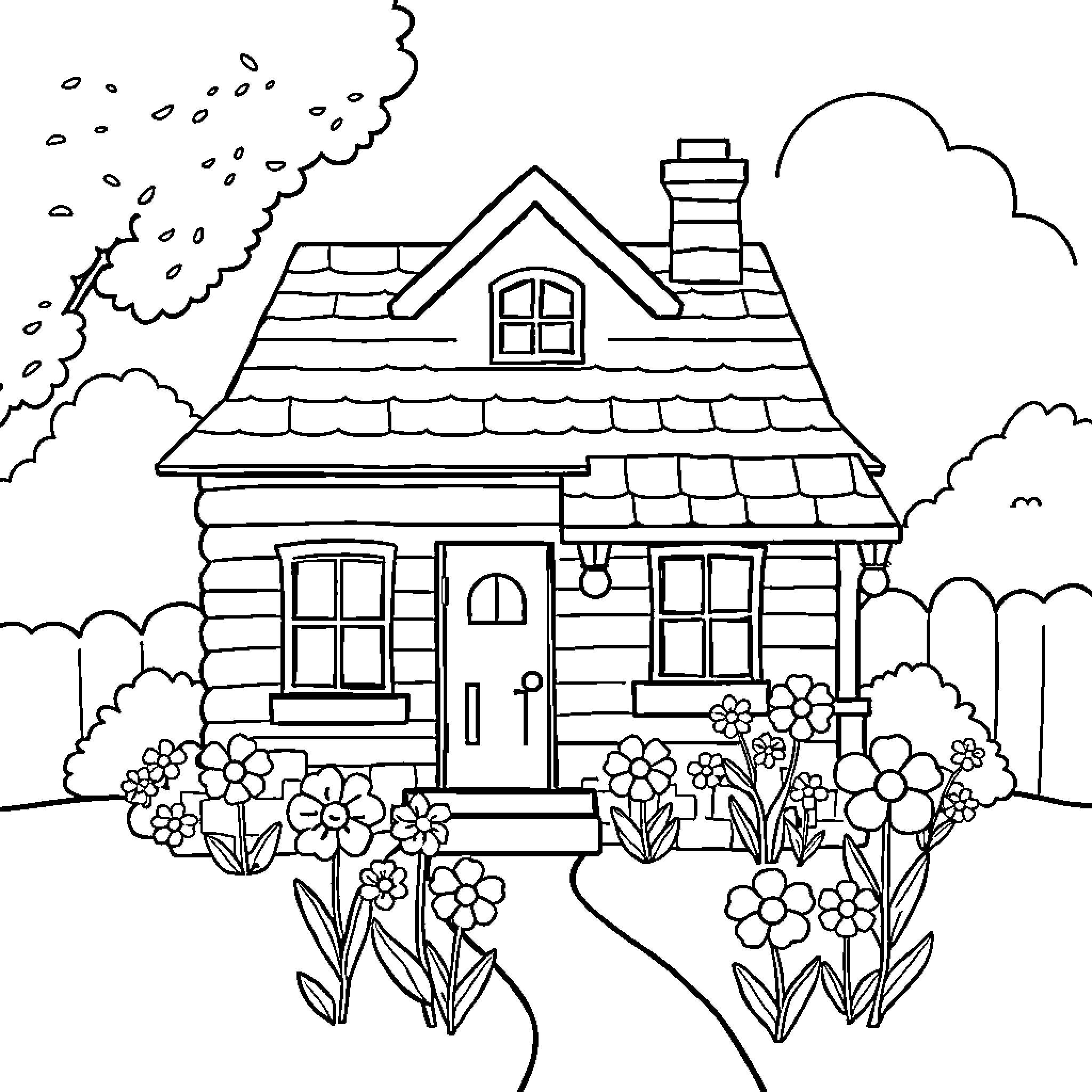 House with Charming Flower Garden Coloring Page (free black-and-white line drawing printable PDF for all, from beginners to advanced learners, including children, teens, adults, and seniors)