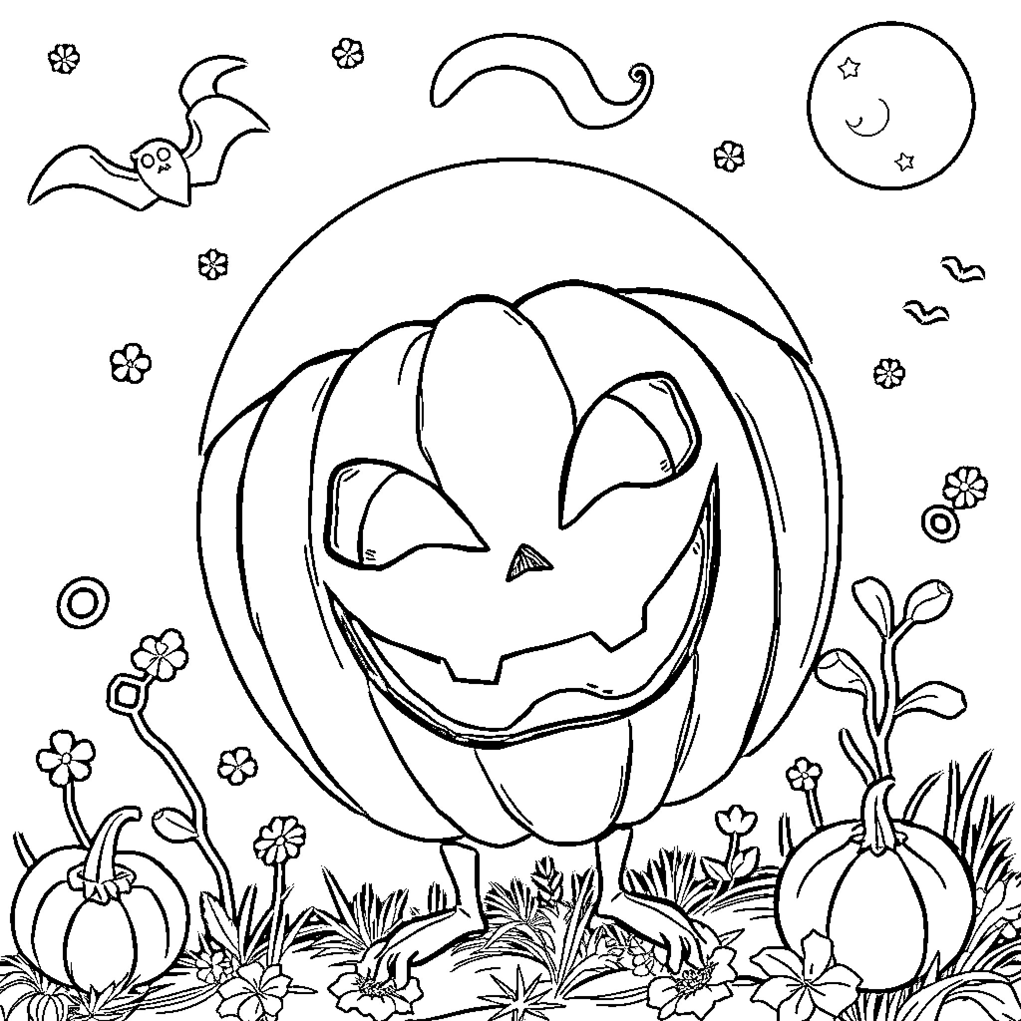 Halloween Mask of a Carved Pumpkin in a Floral Scene Coloring Page (free black-and-white line drawing printable PDF for all, from beginners to advanced learners, including children, teens, adults, and seniors)