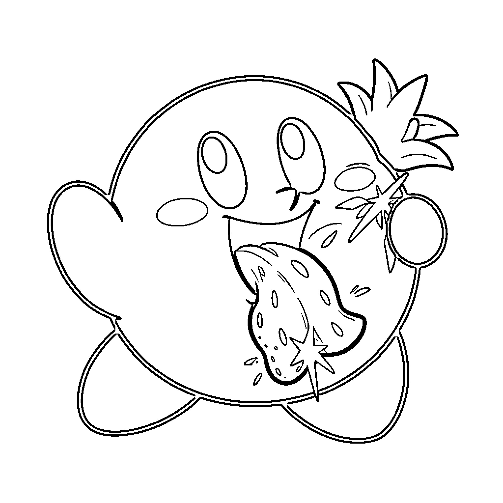 Kirby enjoying a tasty fruit Coloring Page (free black-and-white line drawing printable PDF for all, from beginners to advanced learners, including children, teens, adults, and seniors)