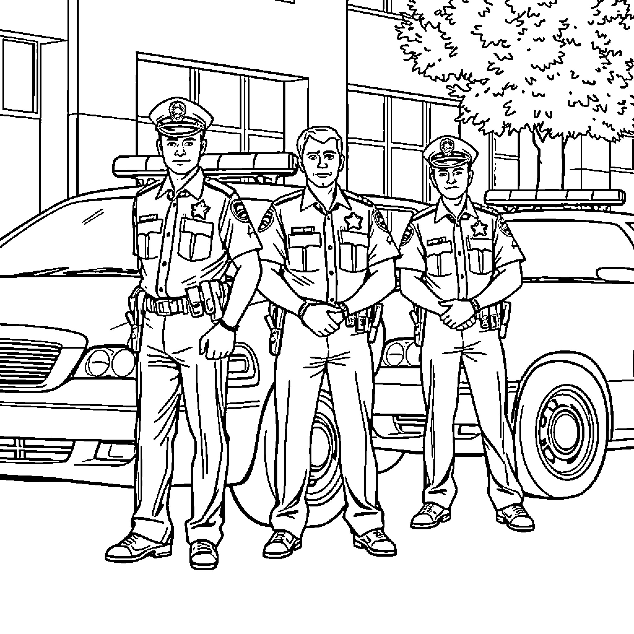 Police officers posing near patrol car Coloring Page (free black-and-white line drawing printable PDF for all, from beginners to advanced learners, including children, teens, adults, and seniors)