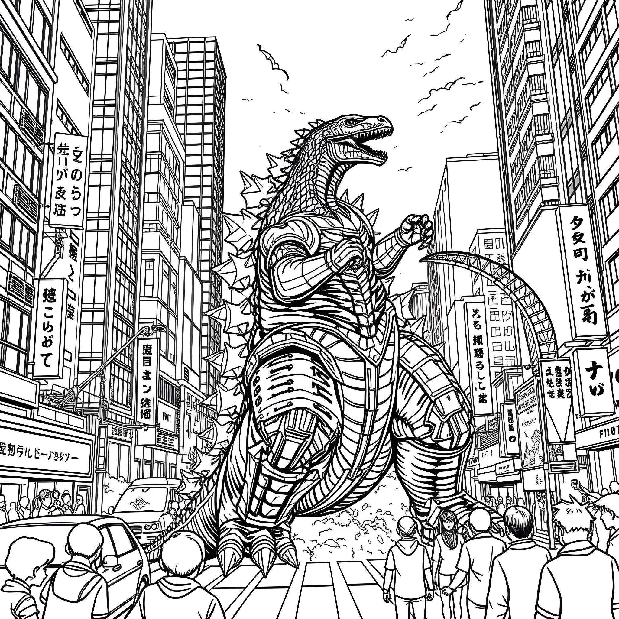 Godzilla Rampaging Through the City Coloring Page (free black-and-white line drawing printable PDF for all, from beginners to advanced learners, including children, teens, adults, and seniors)