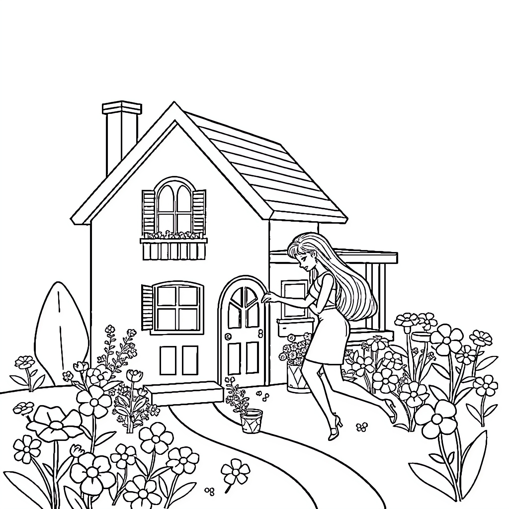Barbie tending to her cozy garden cottage Coloring Page (free black-and-white line drawing printable PDF for all, from beginners to advanced learners, including children, teens, adults, and seniors)