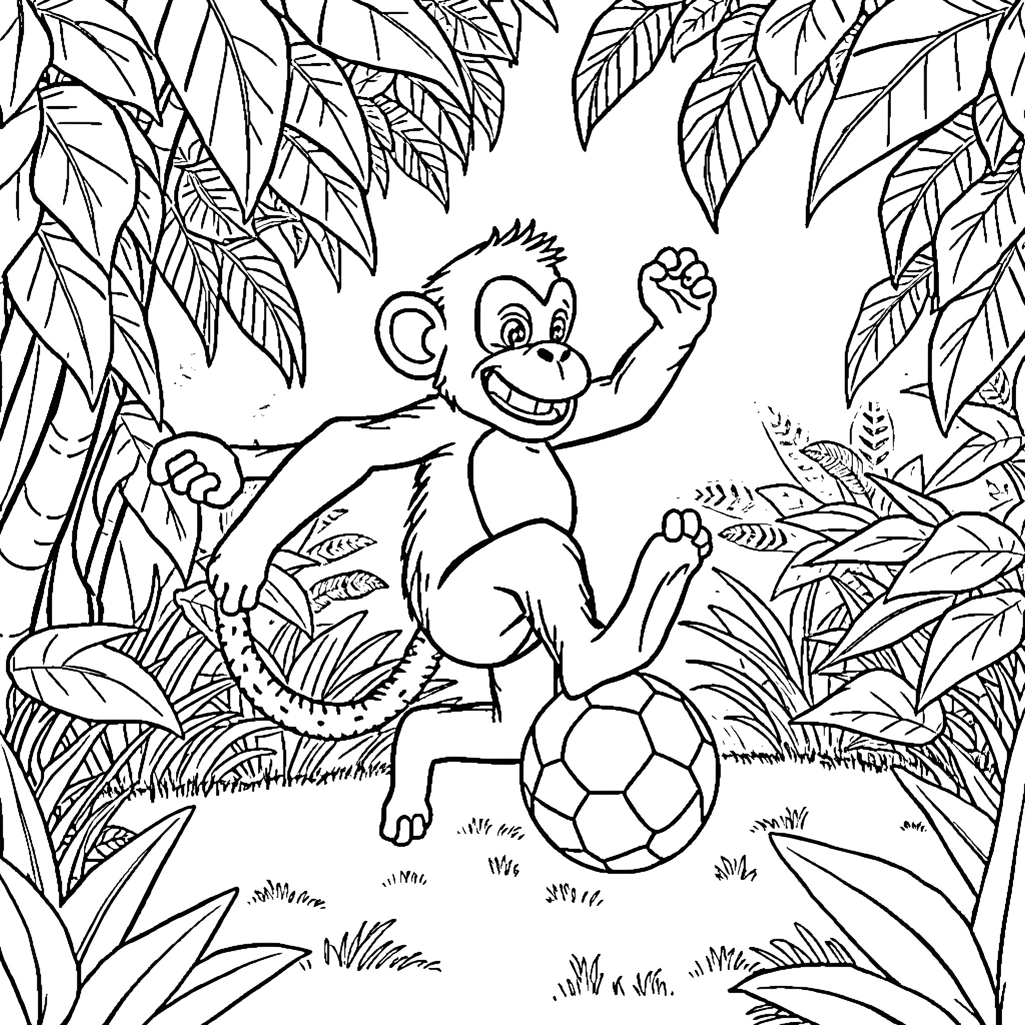 Monkey playing joyfully with soccer ball in lush jungle Coloring Page (free black-and-white line drawing printable PDF for all, from beginners to advanced learners, including children, teens, adults, and seniors)