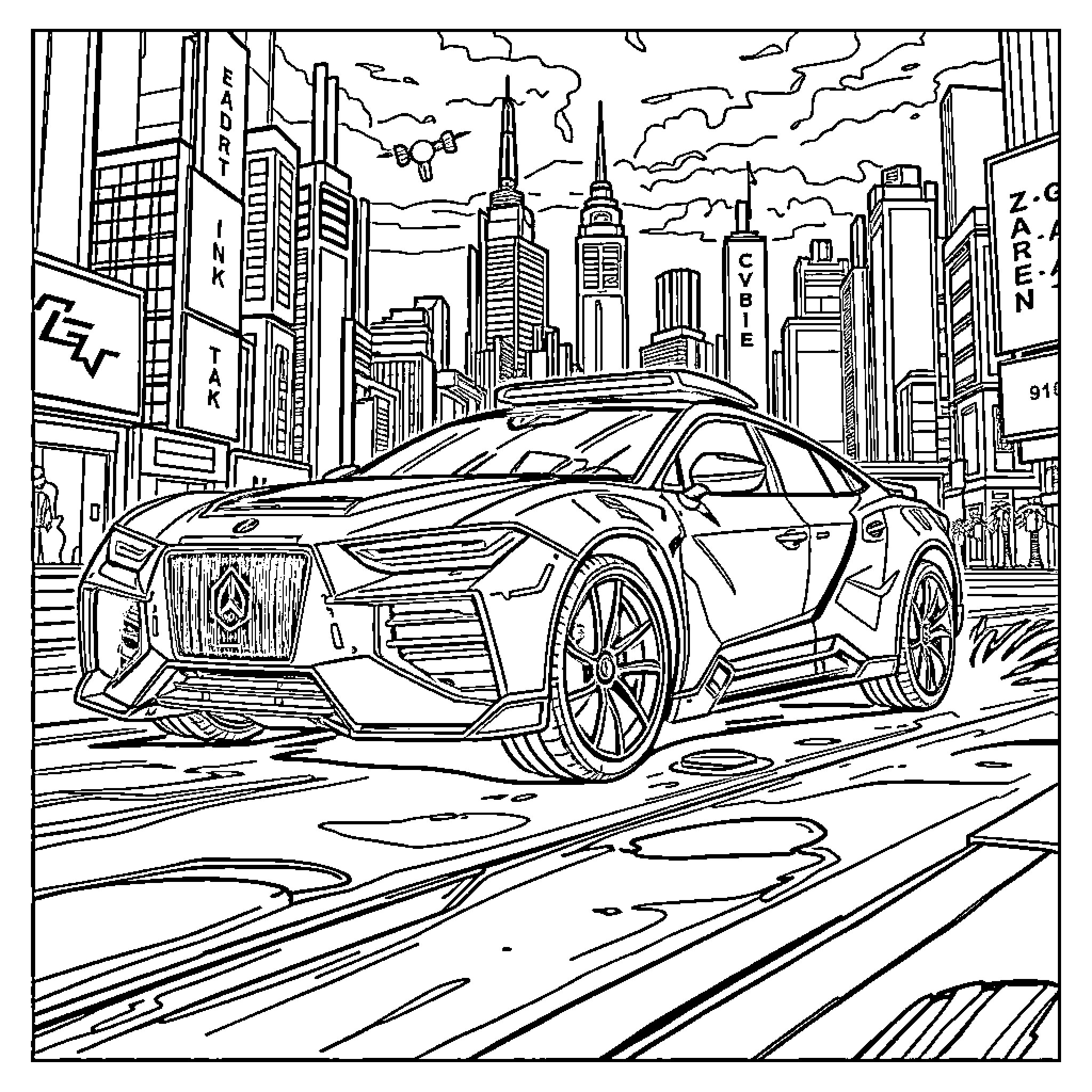 Car speeding through vibrant urban landscape Coloring Page (free black-and-white line drawing printable PDF for all, from beginners to advanced learners, including children, teens, adults, and seniors)
