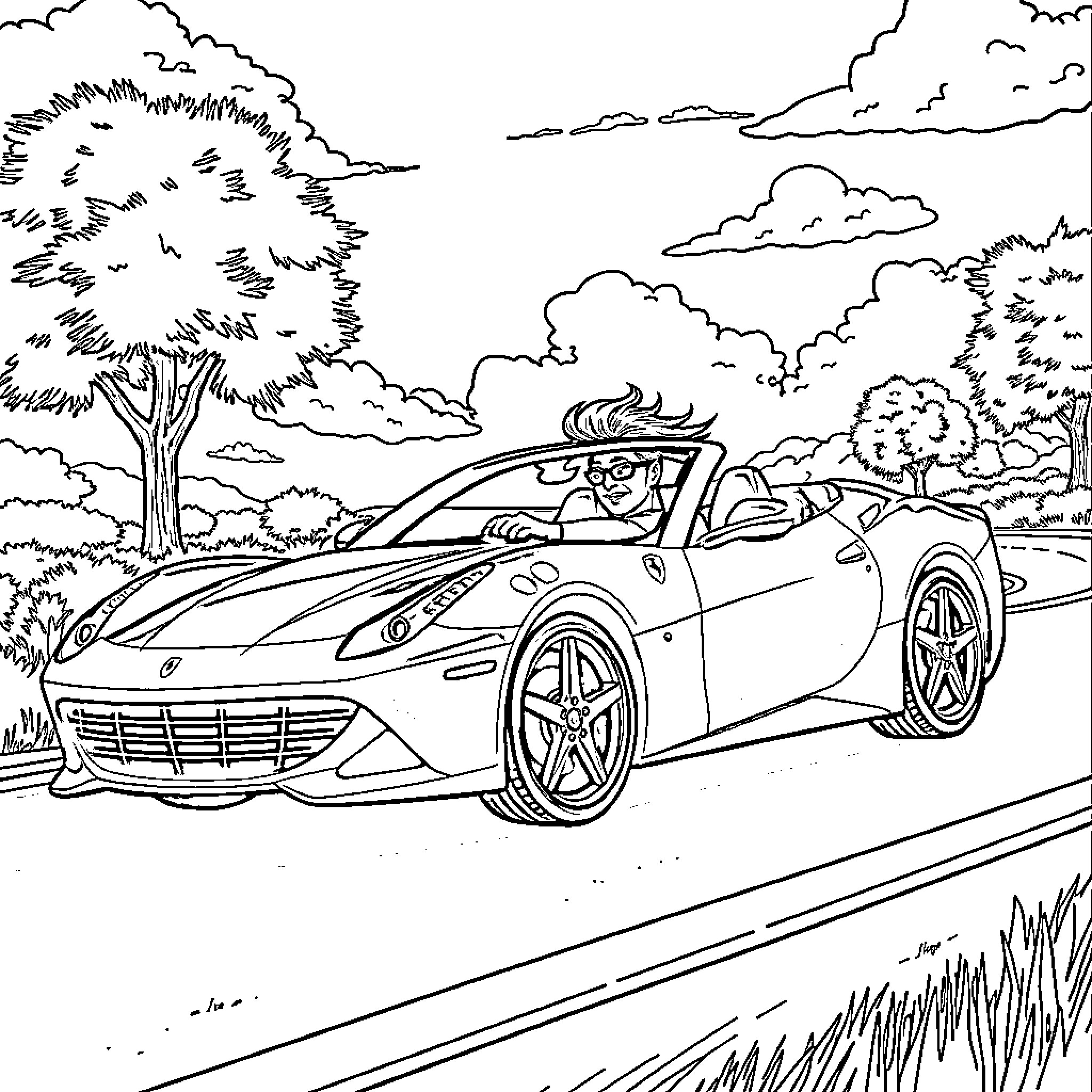 Jack White driving a sports car on the road Coloring Page (free black-and-white line drawing printable PDF for all, from beginners to advanced learners, including children, teens, adults, and seniors)