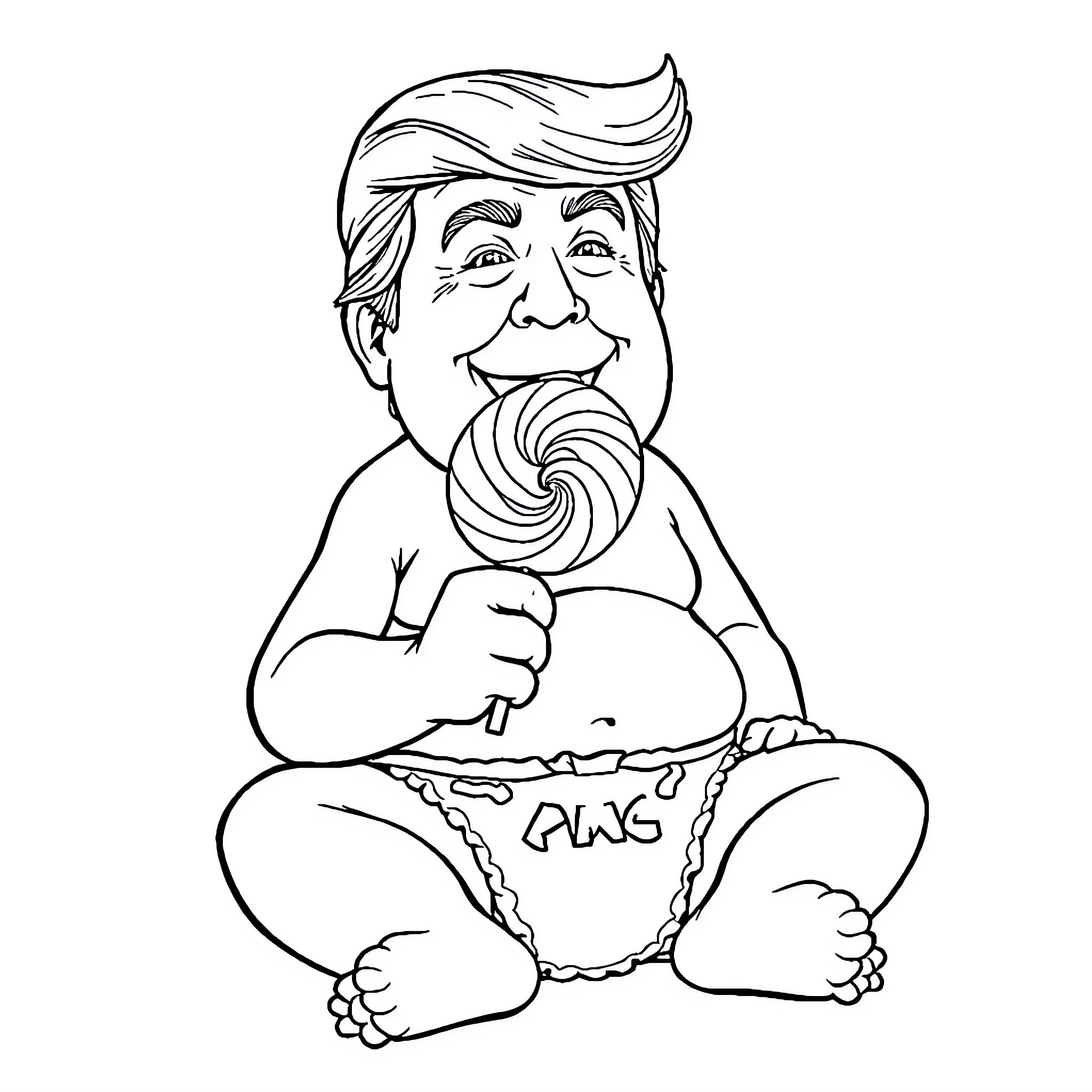 Donald Trump enjoying a lollipop in casual outfit Coloring Page (free black-and-white line drawing printable PDF for all, from beginners to advanced learners, including children, teens, adults, and seniors)