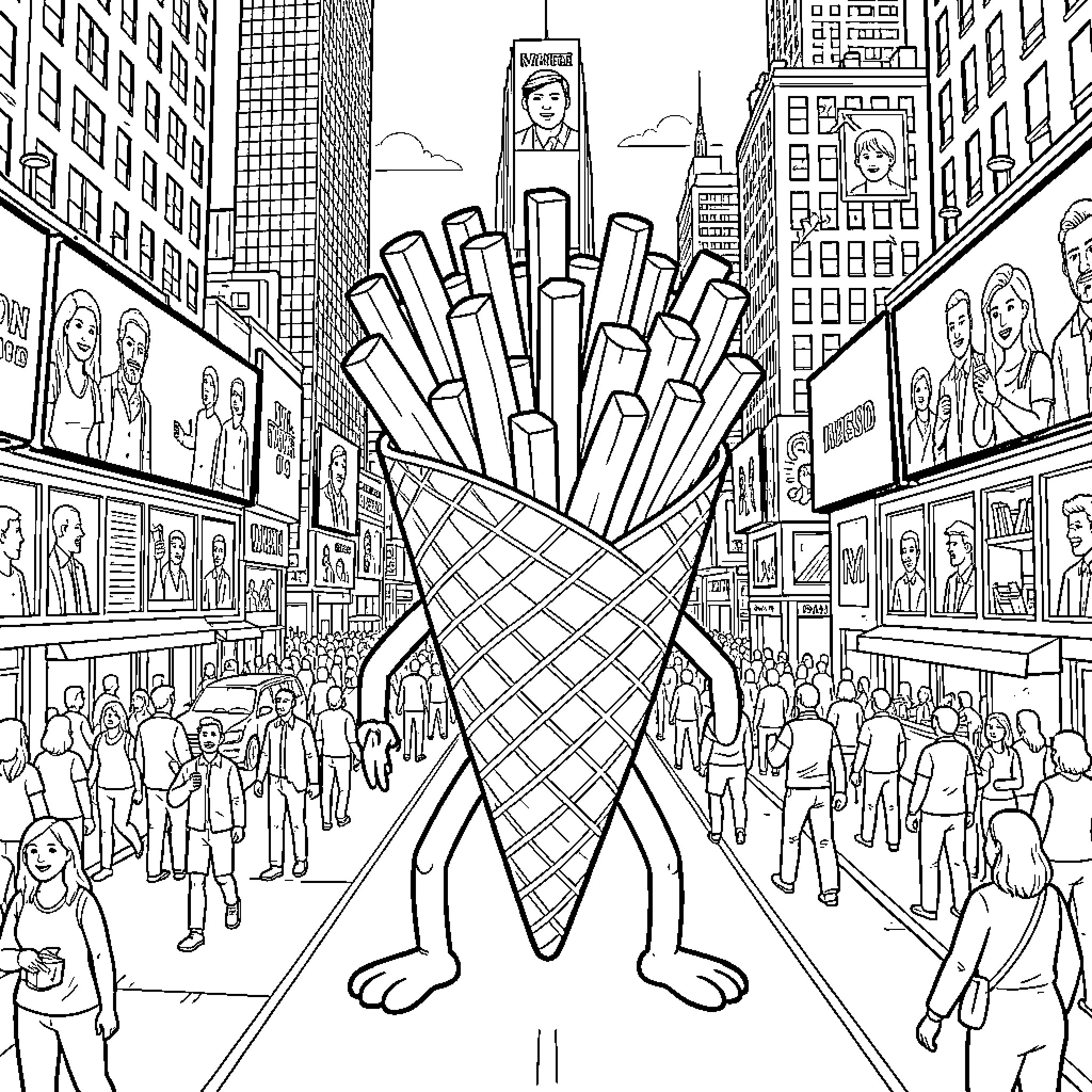 Giant French Fry Standing Amidst the Bustling City Coloring Page (free black-and-white line drawing printable PDF for all, from beginners to advanced learners, including children, teens, adults, and seniors)