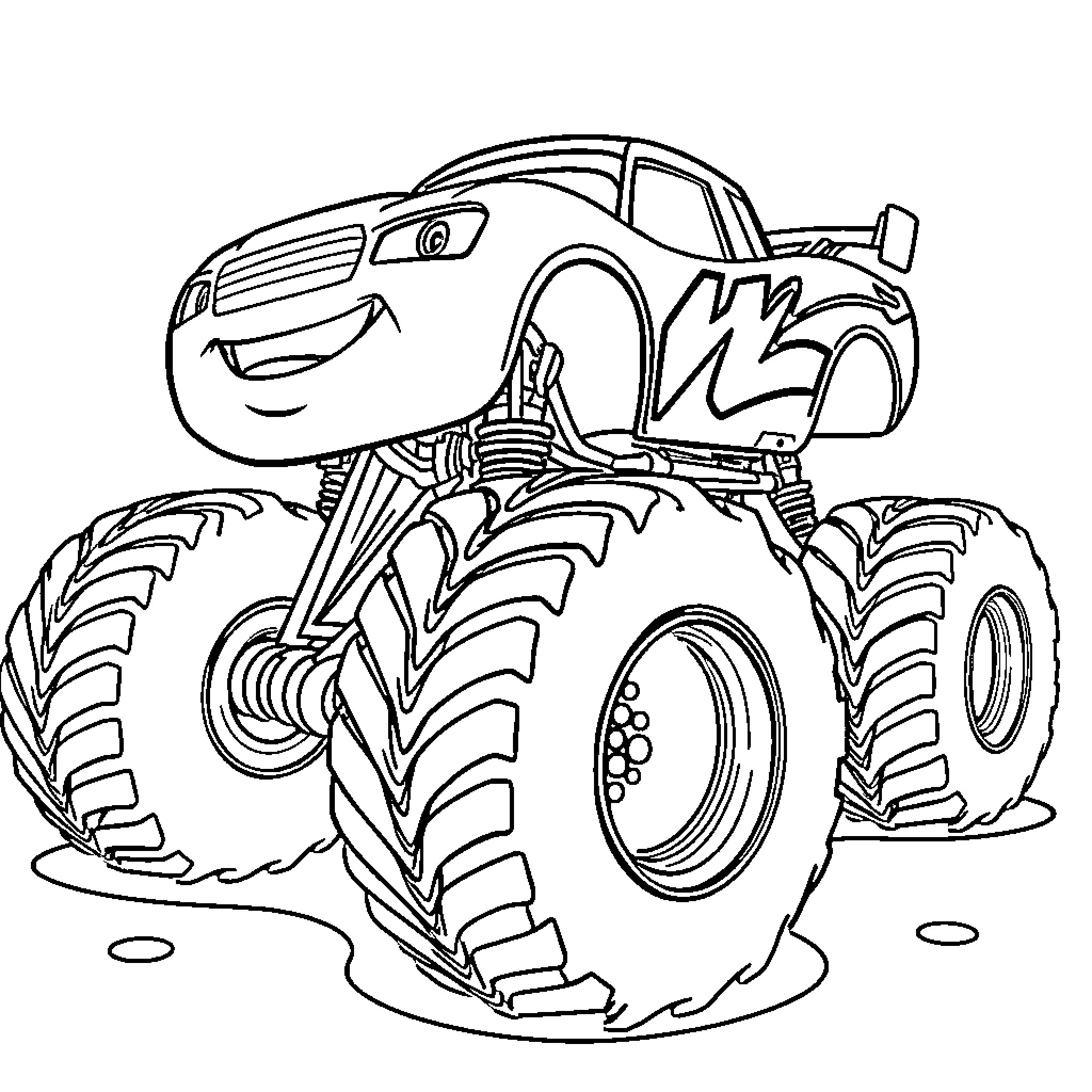 Monster Truck Crushing the Terrain Coloring Page (free black-and-white line drawing printable PDF for all, from beginners to advanced learners, including children, teens, adults, and seniors)