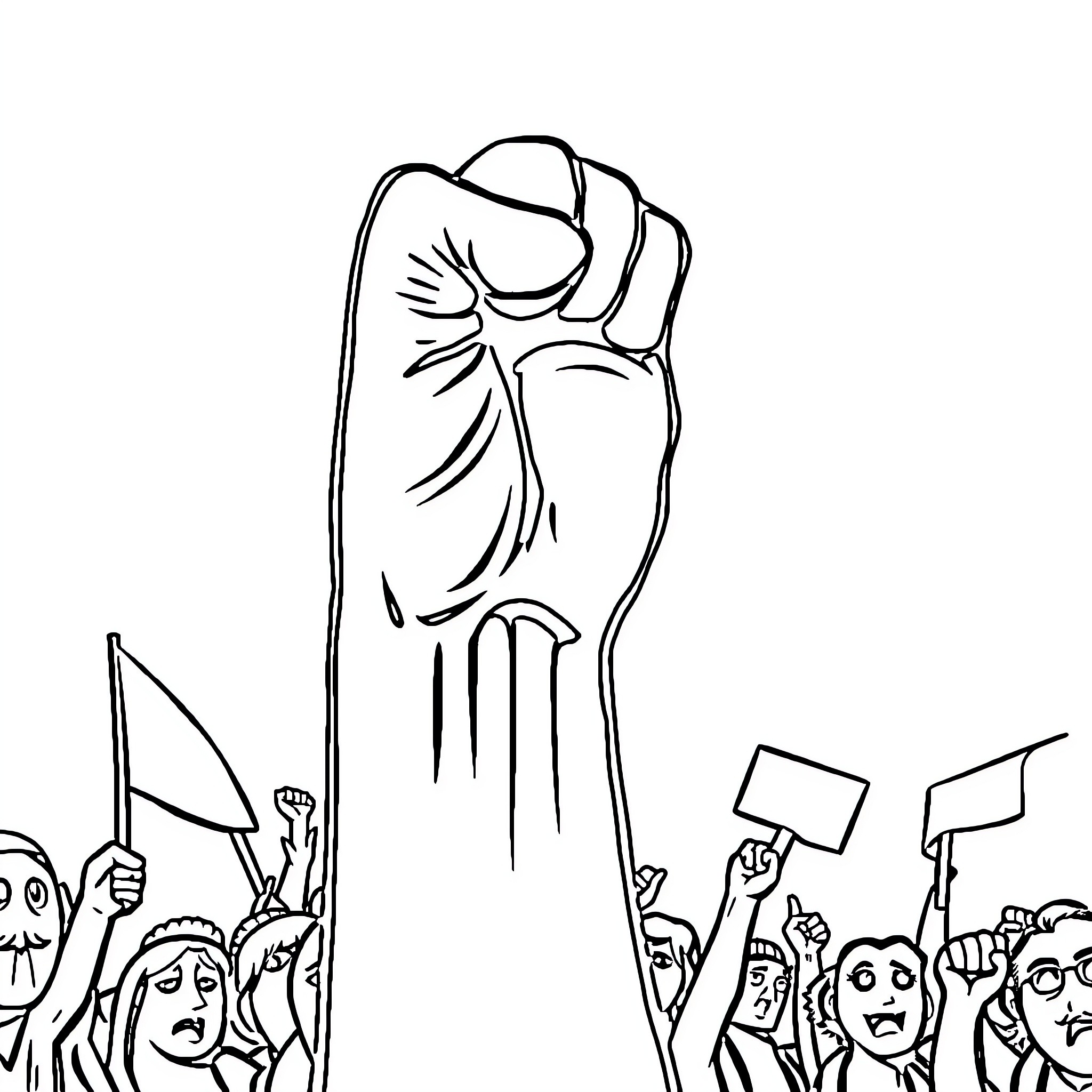 Fist raised in protest by a crowd Coloring Page (free black-and-white line drawing printable PDF for all, from beginners to advanced learners, including children, teens, adults, and seniors)