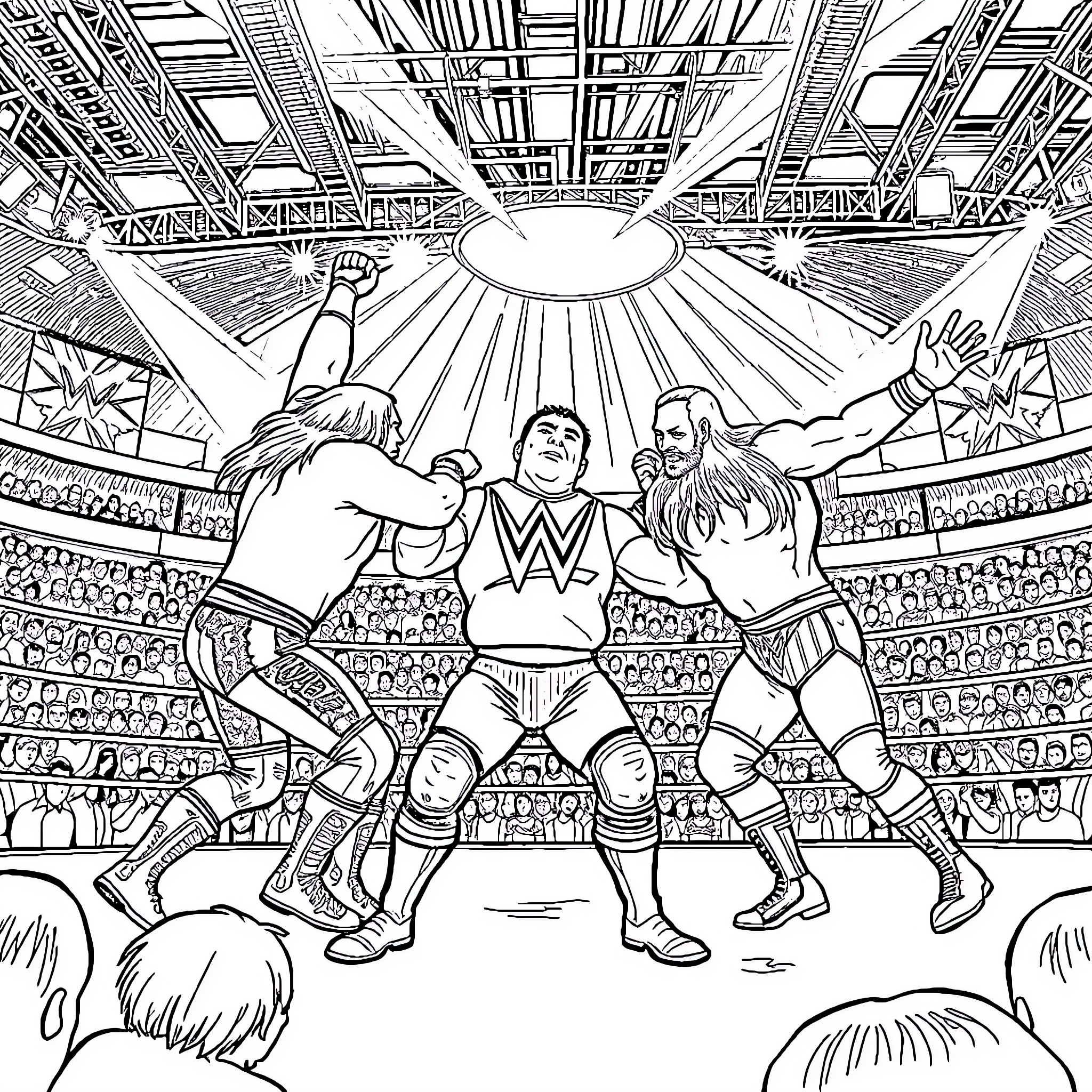 WWE Wrestlers Battling in Intense Wrestling Match Coloring Page (free black-and-white line drawing printable PDF for all, from beginners to advanced learners, including children, teens, adults, and seniors)