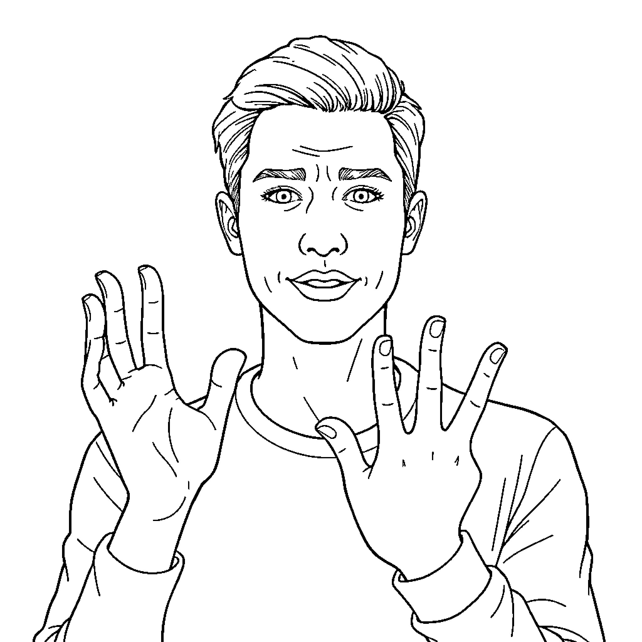 American Sign Language communication by young man Coloring Page (free black-and-white line drawing printable PDF for all, from beginners to advanced learners, including children, teens, adults, and seniors)