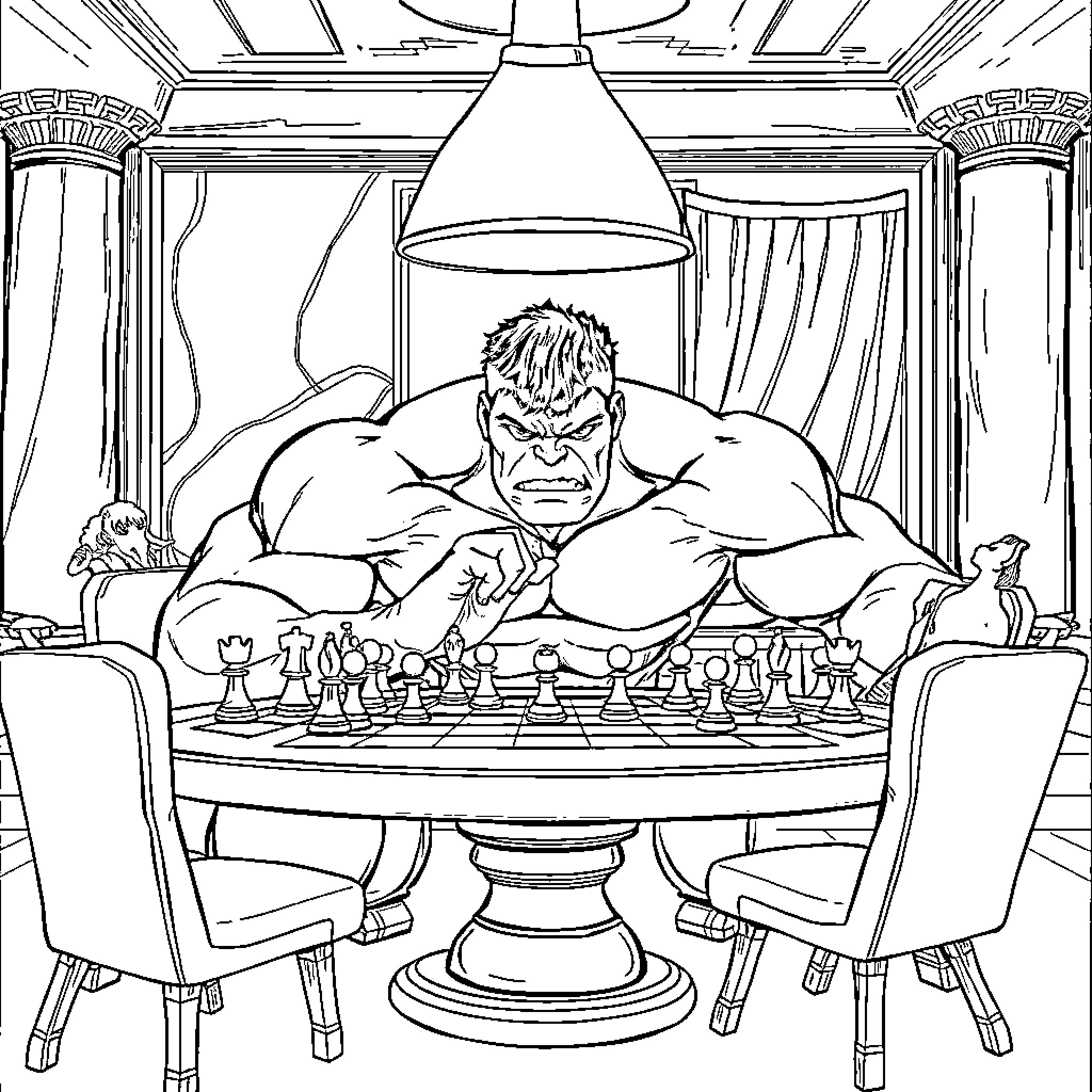 Hulk challenges opponents in a game of chess Coloring Page (free black-and-white line drawing printable PDF for all, from beginners to advanced learners, including children, teens, adults, and seniors)