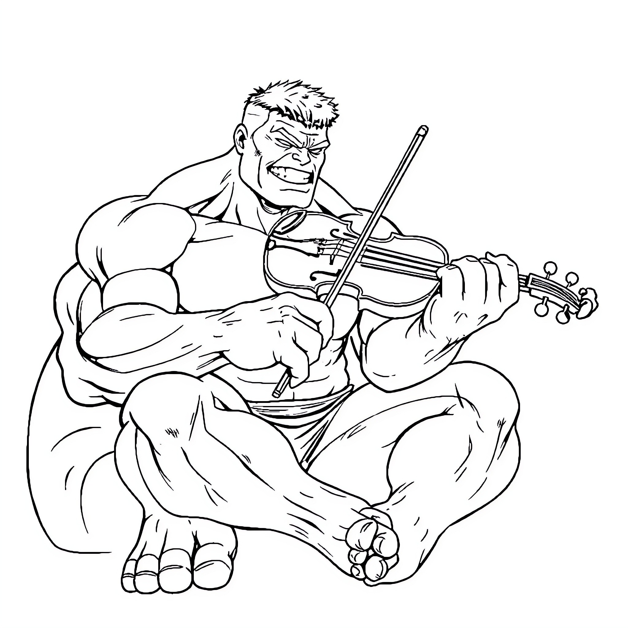 Hulk playing the violin with intensity Coloring Page (free black-and-white line drawing printable PDF for all, from beginners to advanced learners, including children, teens, adults, and seniors)