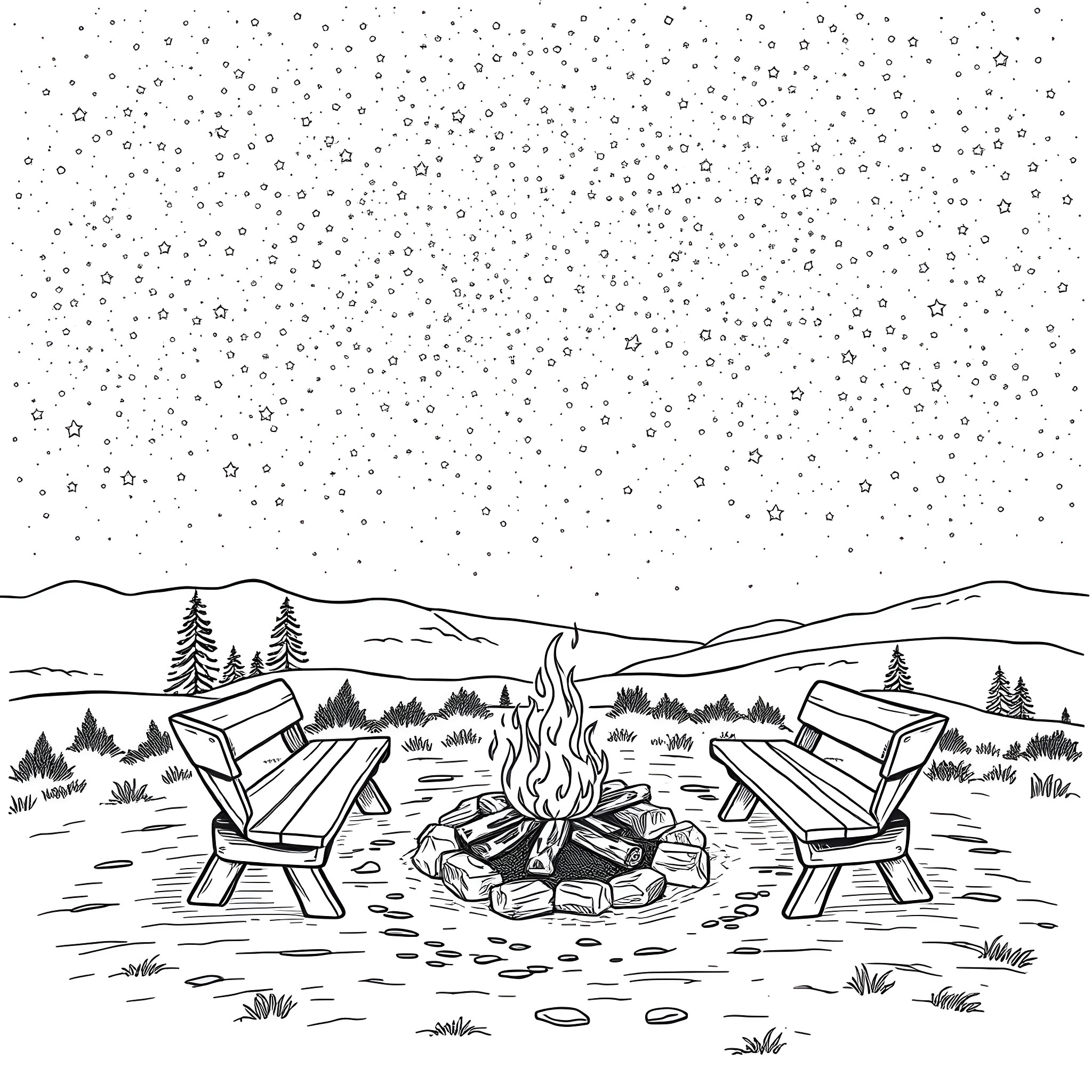 Campfire scene with snowy mountains and starry sky Coloring Page (free black-and-white line drawing printable PDF for all, from beginners to advanced learners, including children, teens, adults, and seniors)
