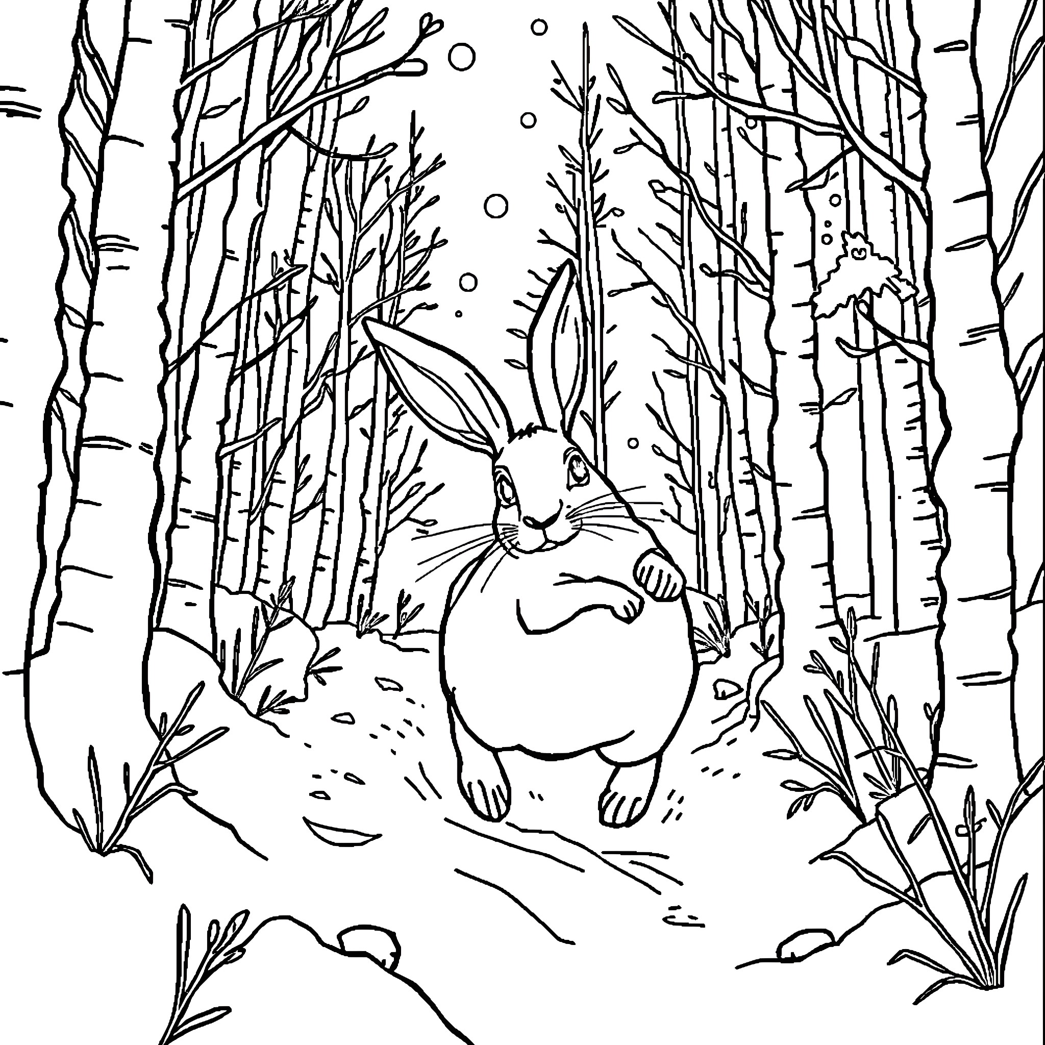 Hare resting in the snowy forest Coloring Page (free black-and-white line drawing printable PDF for all, from beginners to advanced learners, including children, teens, adults, and seniors)