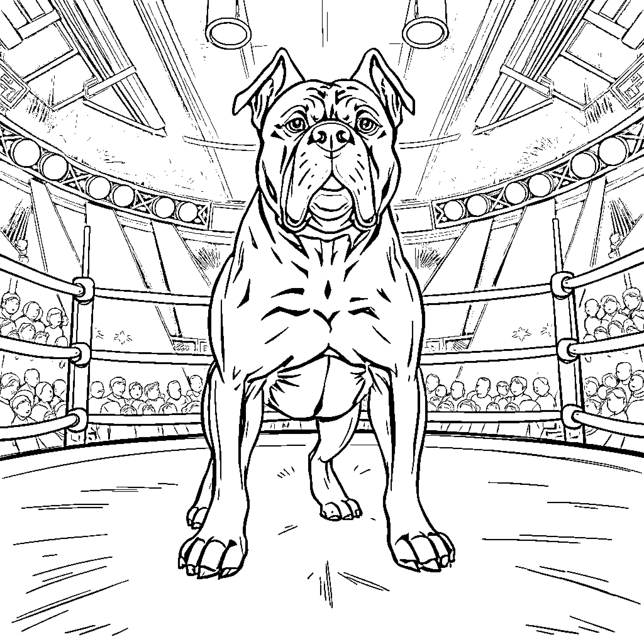 Dog Standing Proudly in the Boxing Ring Coloring Page (free black-and-white line drawing printable PDF for all, from beginners to advanced learners, including children, teens, adults, and seniors)