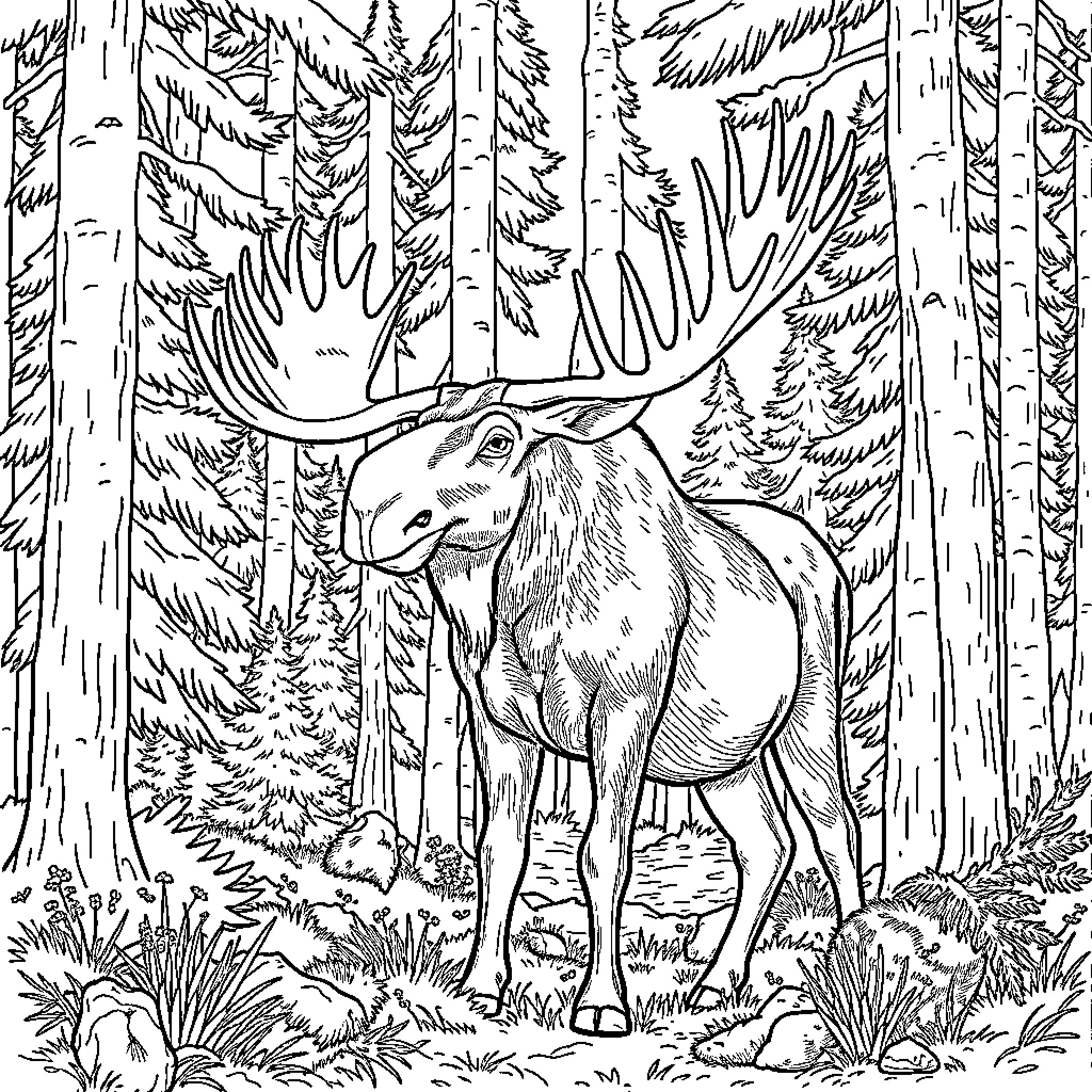 Moose exploring the forest wilderness Coloring Page (free black-and-white line drawing printable PDF for all, from beginners to advanced learners, including children, teens, adults, and seniors)