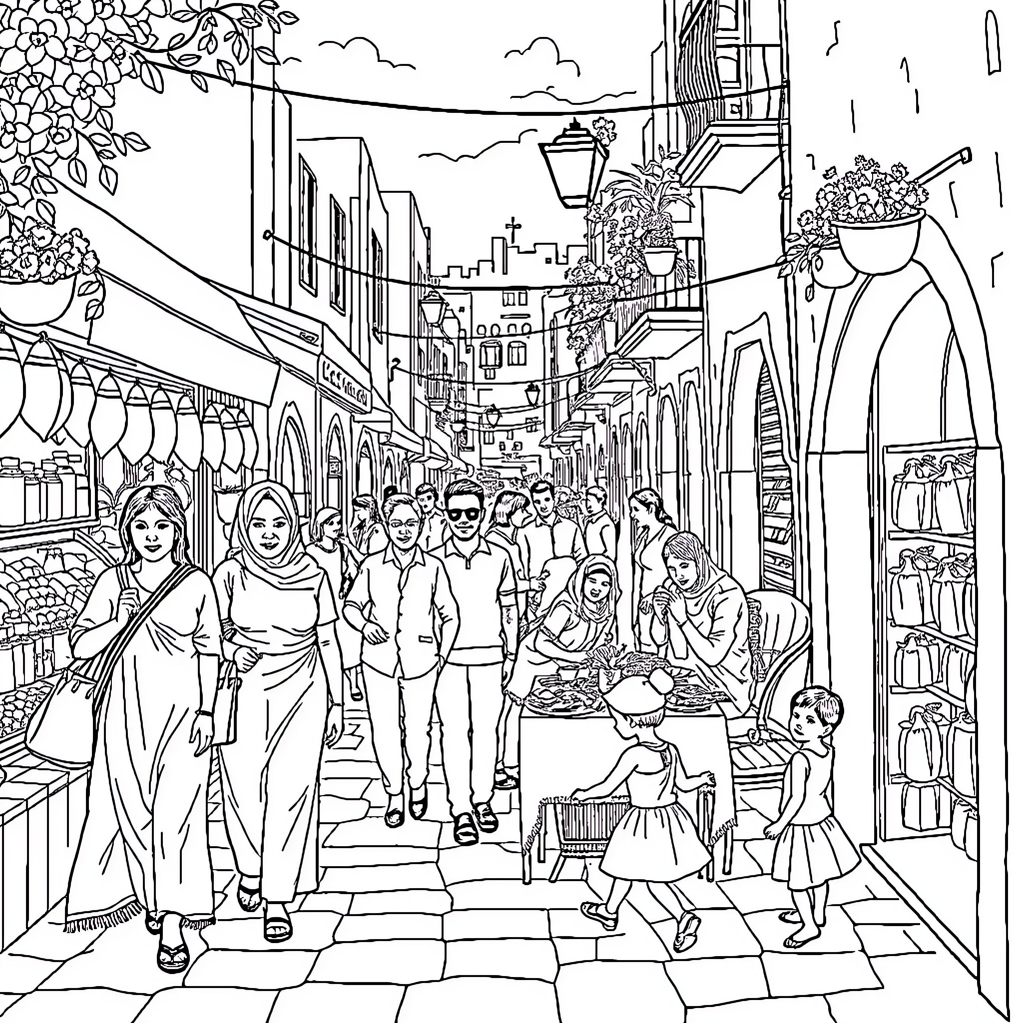 Tunisian Daily Life: A Bustling Market Scene Coloring Page (free black-and-white line drawing printable PDF for all, from beginners to advanced learners, including children, teens, adults, and seniors)