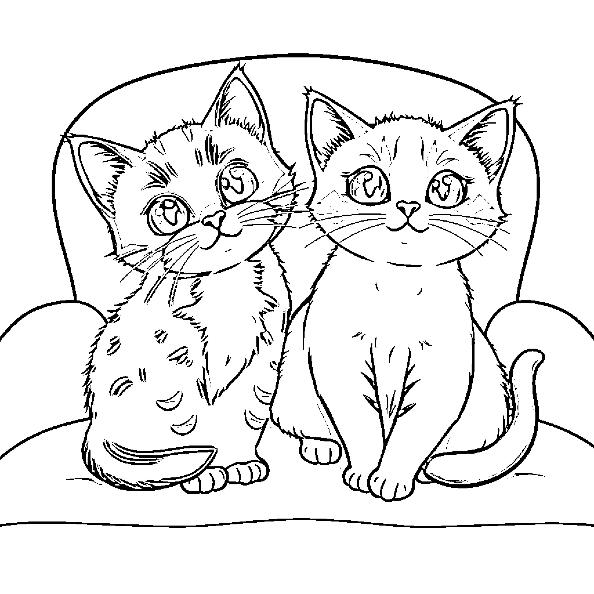 Kitten friends sitting cozily together Coloring Page (free black-and-white line drawing printable PDF for all, from beginners to advanced learners, including children, teens, adults, and seniors)