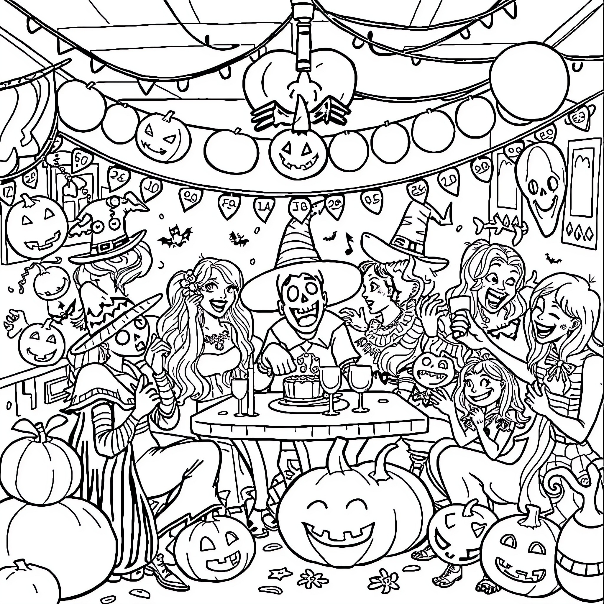 Halloween party with people in costumes Coloring Page (free black-and-white line drawing printable PDF for all, from beginners to advanced learners, including children, teens, adults, and seniors)