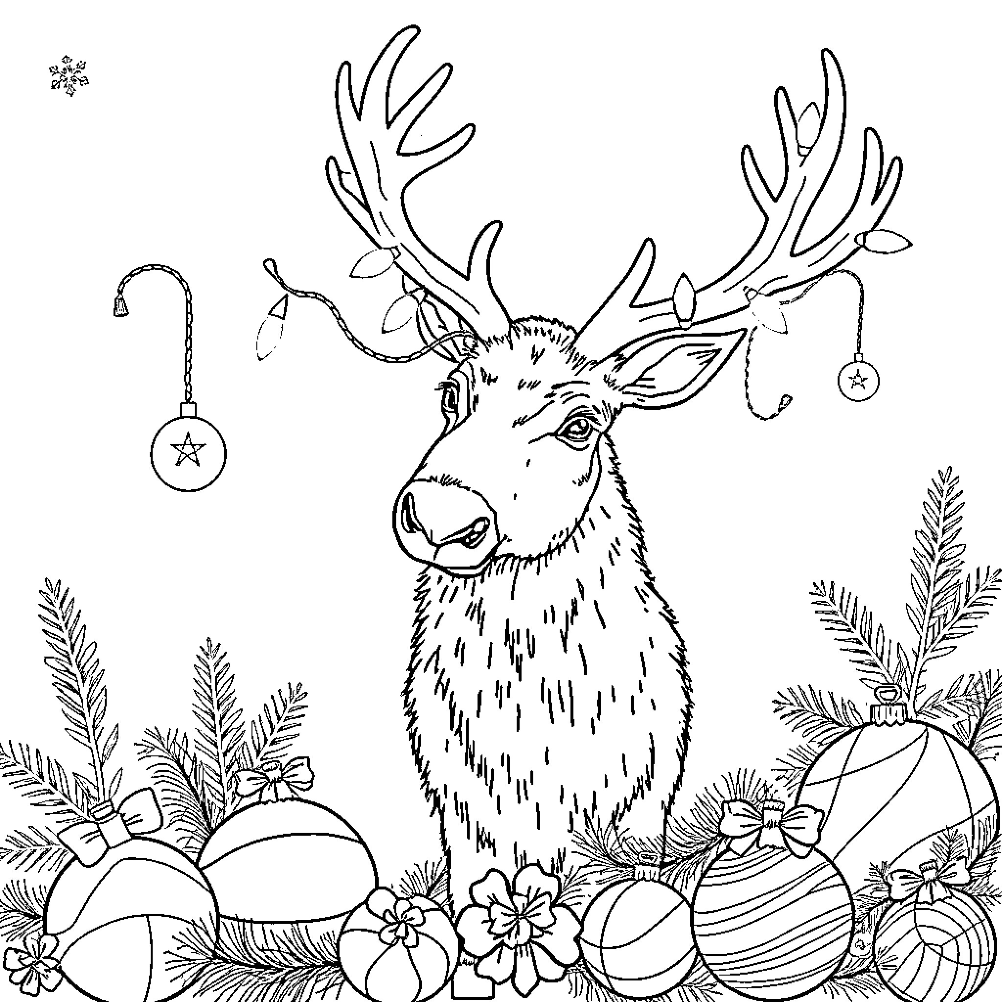 Elk surrounded by festive decorations and flora Coloring Page (free black-and-white line drawing printable PDF for all, from beginners to advanced learners, including children, teens, adults, and seniors)