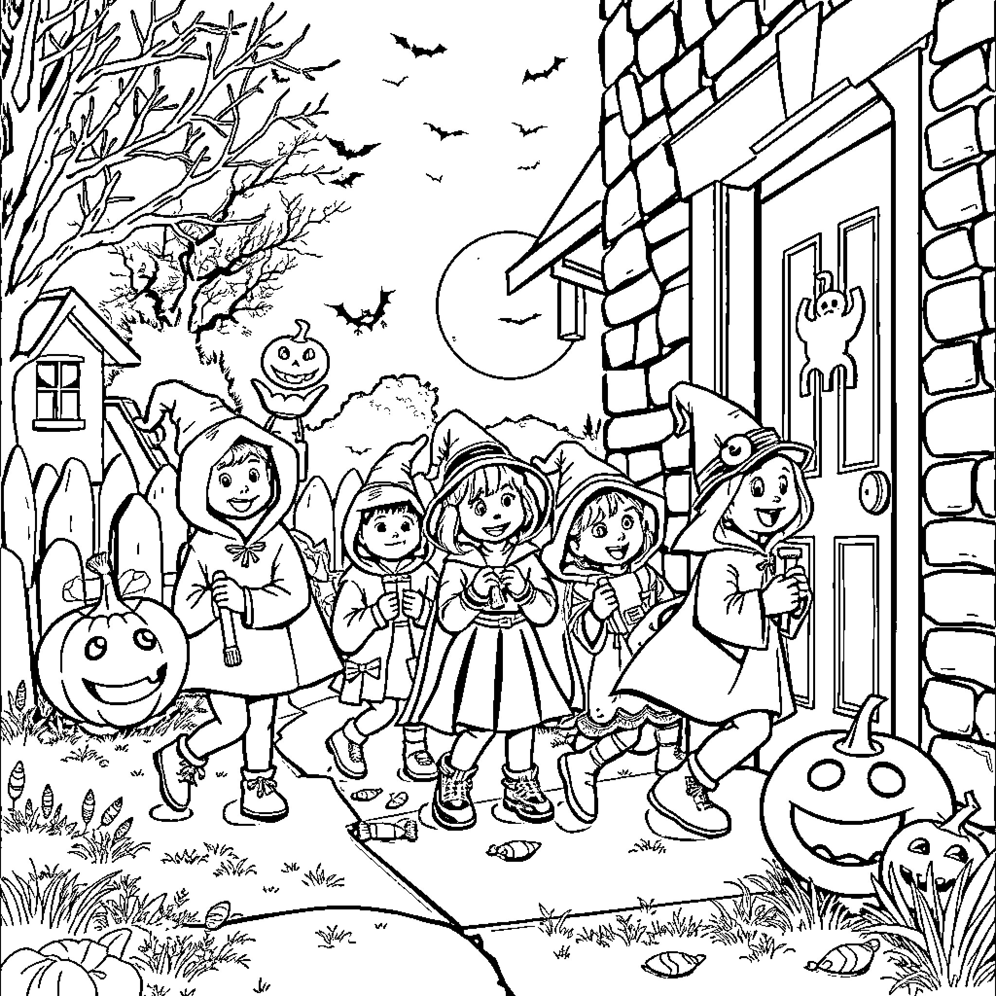 Halloween trick-or-treaters exploring spooky neighborhood Coloring Page (free black-and-white line drawing printable PDF for all, from beginners to advanced learners, including children, teens, adults, and seniors)