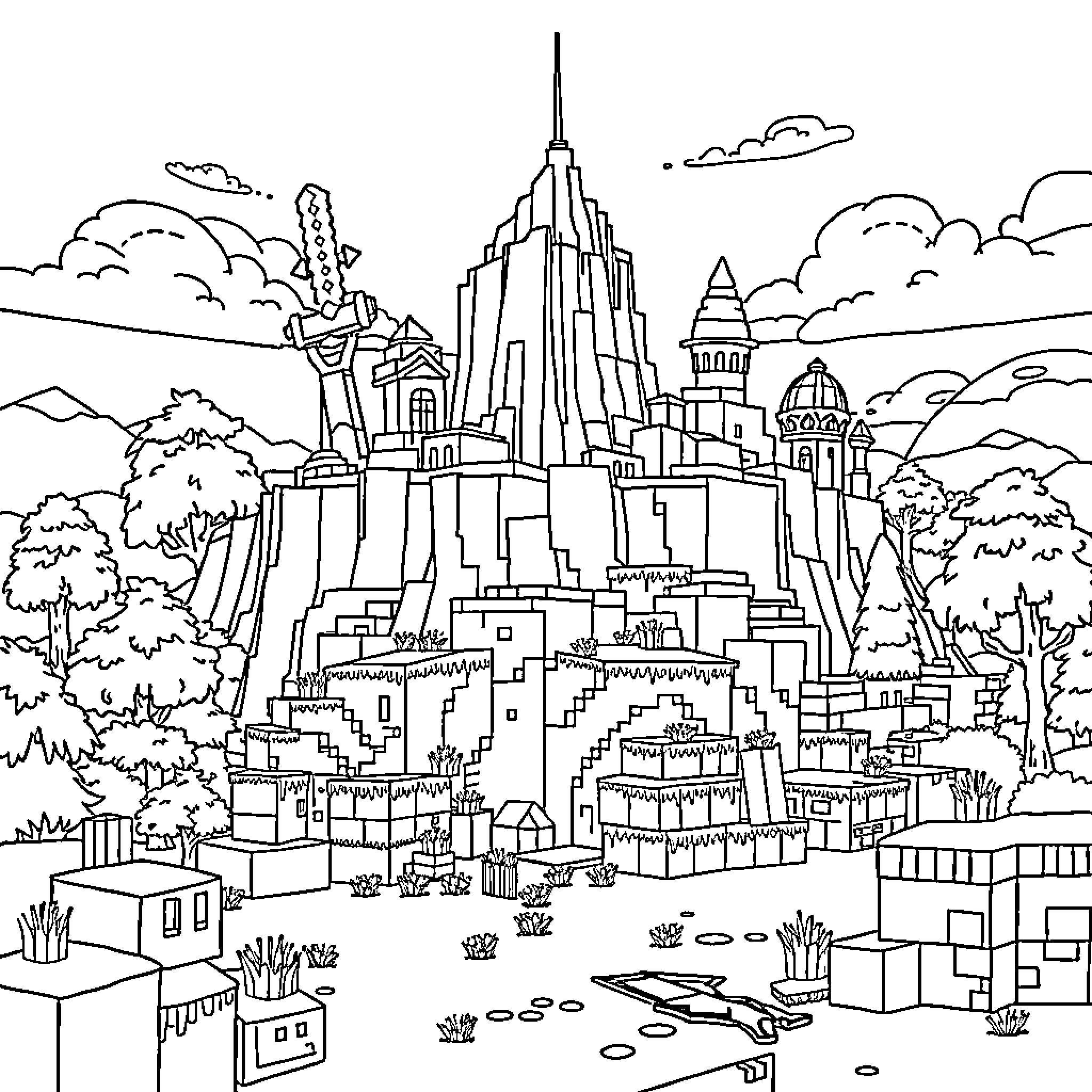 Fortnite city landscape with fantastical buildings and structures Coloring Page (free black-and-white line drawing printable PDF for all, from beginners to advanced learners, including children, teens, adults, and seniors)