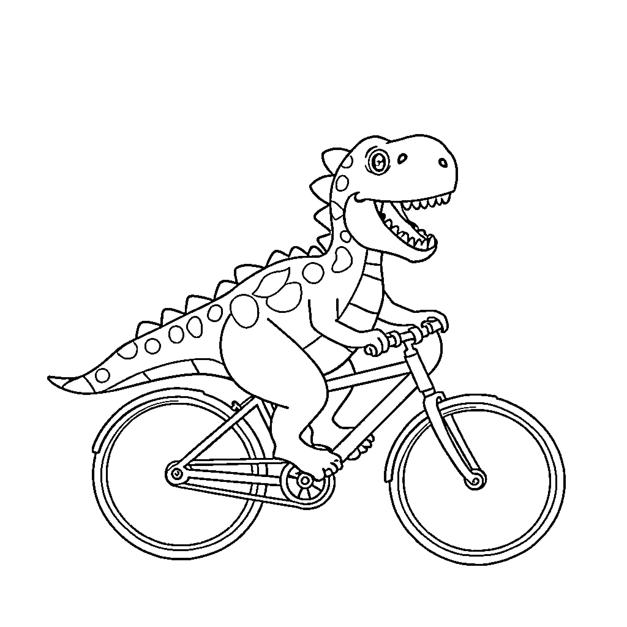 Dinosaur riding a bicycle happily Coloring Page (free black-and-white line drawing printable PDF for all, from beginners to advanced learners, including children, teens, adults, and seniors)