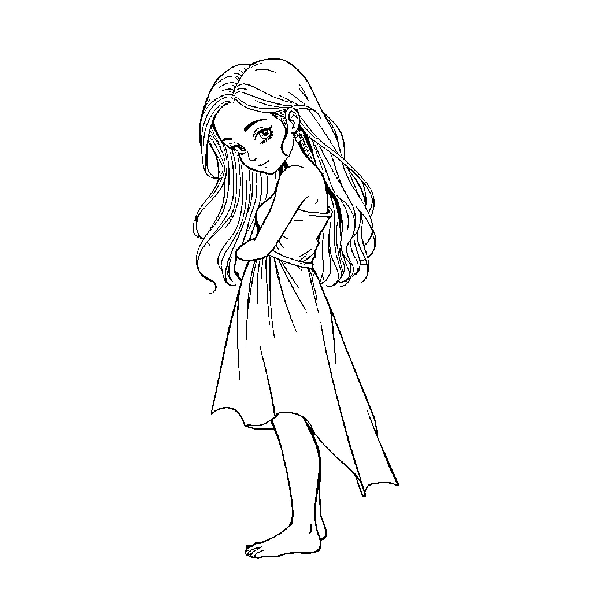 Girl in flowing dress with long hair Coloring Page (free black-and-white line drawing printable PDF for all, from beginners to advanced learners, including children, teens, adults, and seniors)