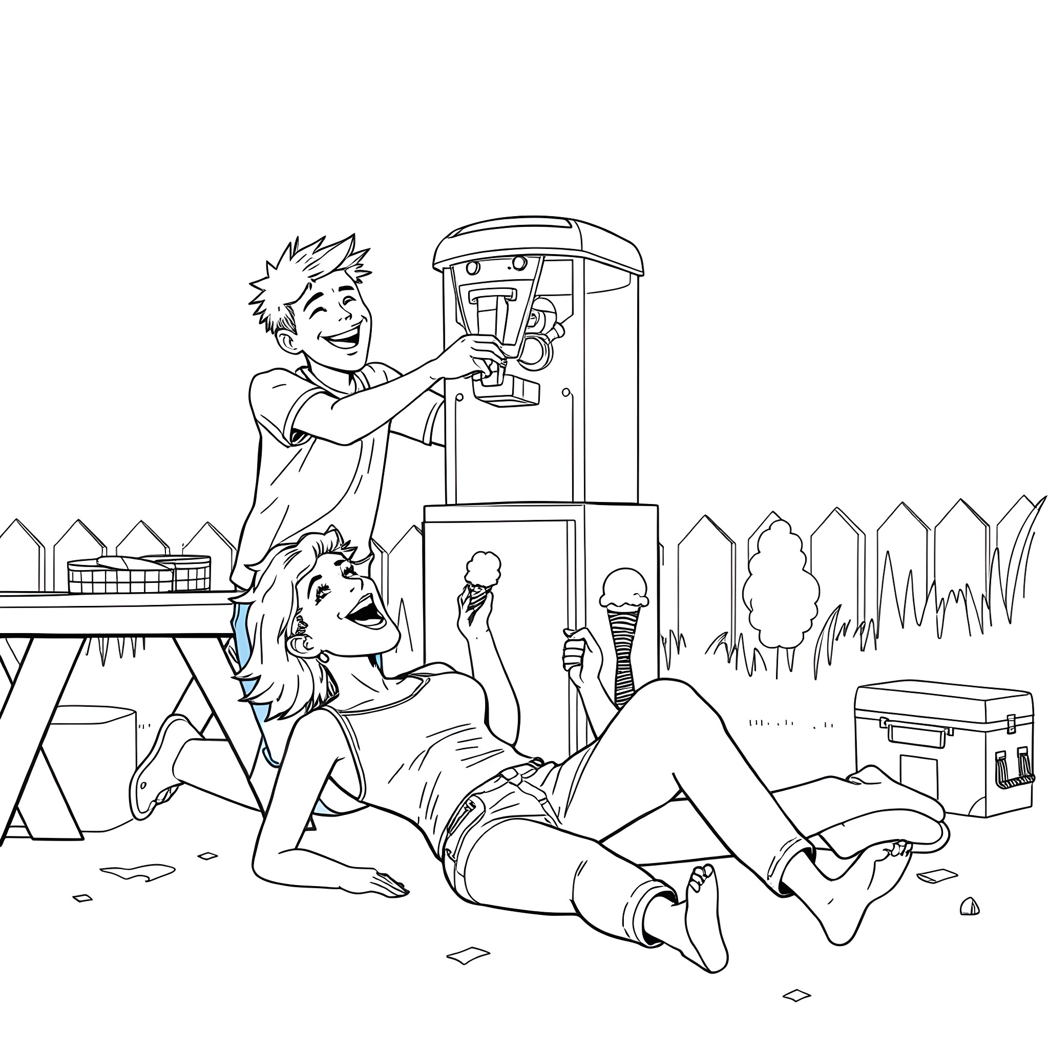 Ice Cream Truck Brings Happiness to Friends Coloring Page (free black-and-white line drawing printable PDF for all, from beginners to advanced learners, including children, teens, adults, and seniors)