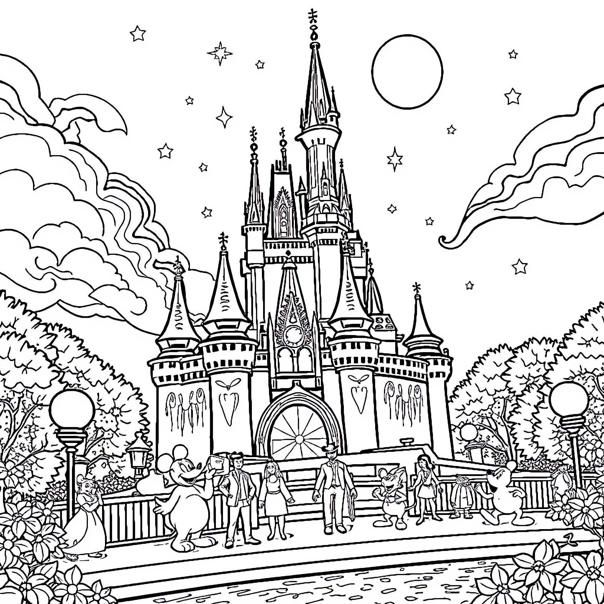 Disney Castle with Guests Enjoying the Scene Coloring Page (free black-and-white line drawing printable PDF for all, from beginners to advanced learners, including children, teens, adults, and seniors)