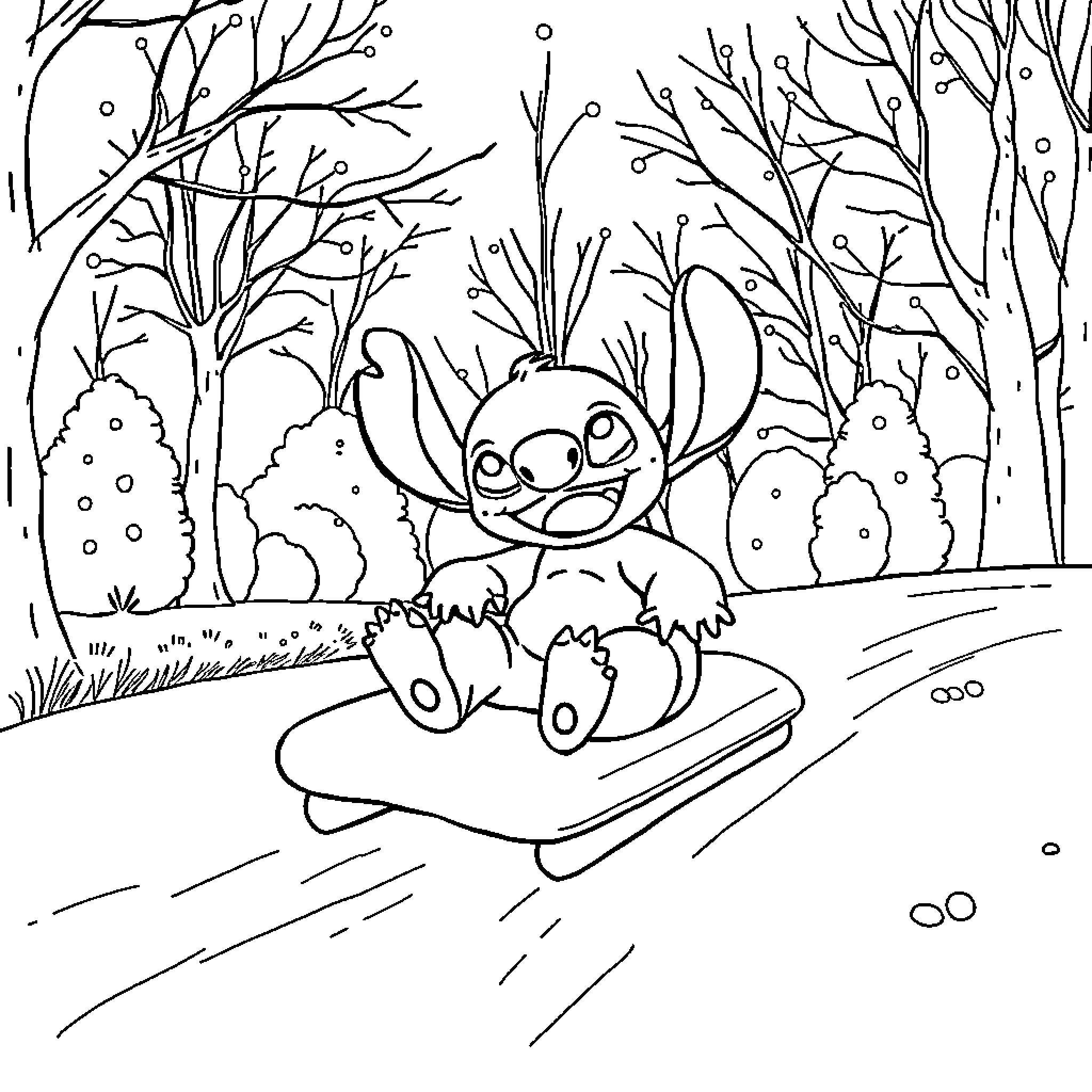 Stitch enjoying a snowy sleigh ride in the forest Coloring Page (free black-and-white line drawing printable PDF for all, from beginners to advanced learners, including children, teens, adults, and seniors)