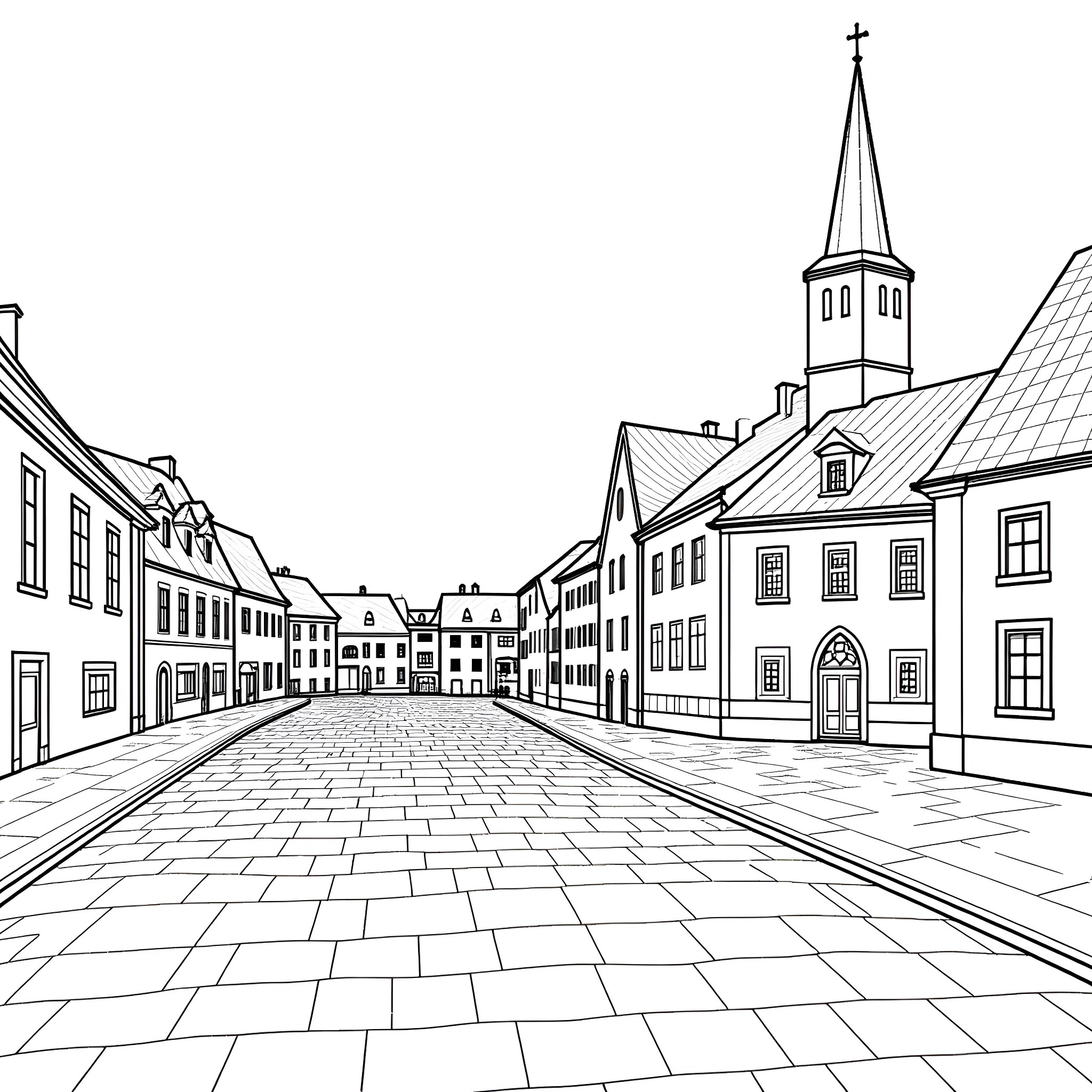 Warsaw street with historic buildings and church spire Coloring Page (free black-and-white line drawing printable PDF for all, from beginners to advanced learners, including children, teens, adults, and seniors)