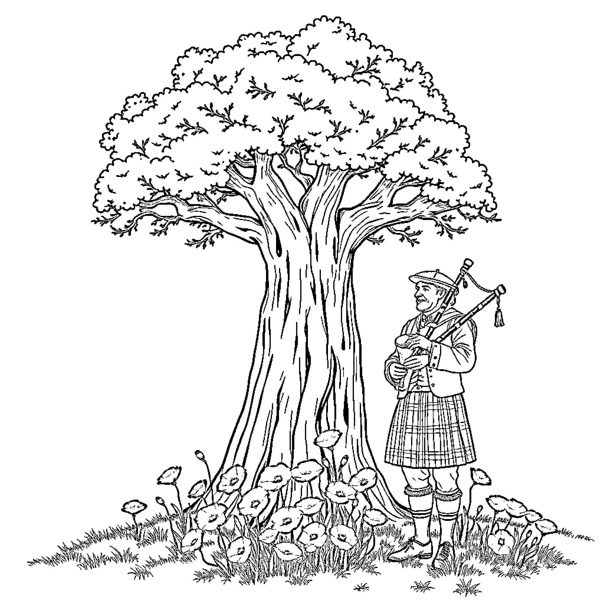 Oak Tree with a Kilted Figure Playing the Bagpipes Coloring Page (free black-and-white line drawing printable PDF for all, from beginners to advanced learners, including children, teens, adults, and seniors)