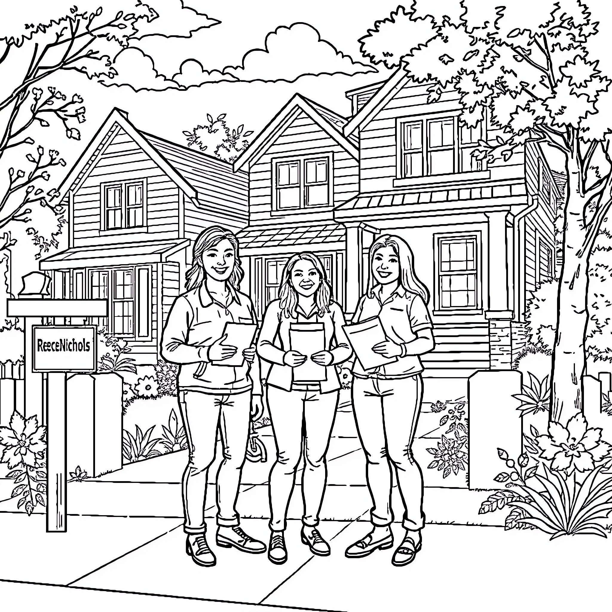ReeceNichols Realtors Posing Outside Home Coloring Page (free black-and-white line drawing printable PDF for all, from beginners to advanced learners, including children, teens, adults, and seniors)