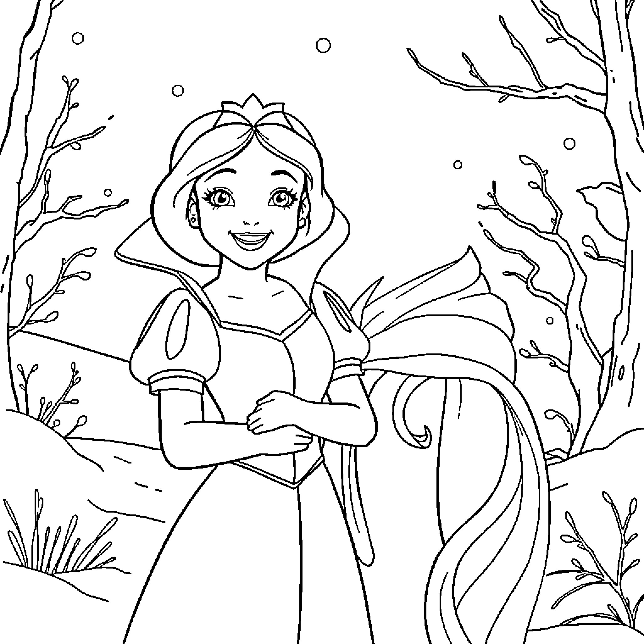 Snow White exploring the winter wonderland Coloring Page (free black-and-white line drawing printable PDF for all, from beginners to advanced learners, including children, teens, adults, and seniors)