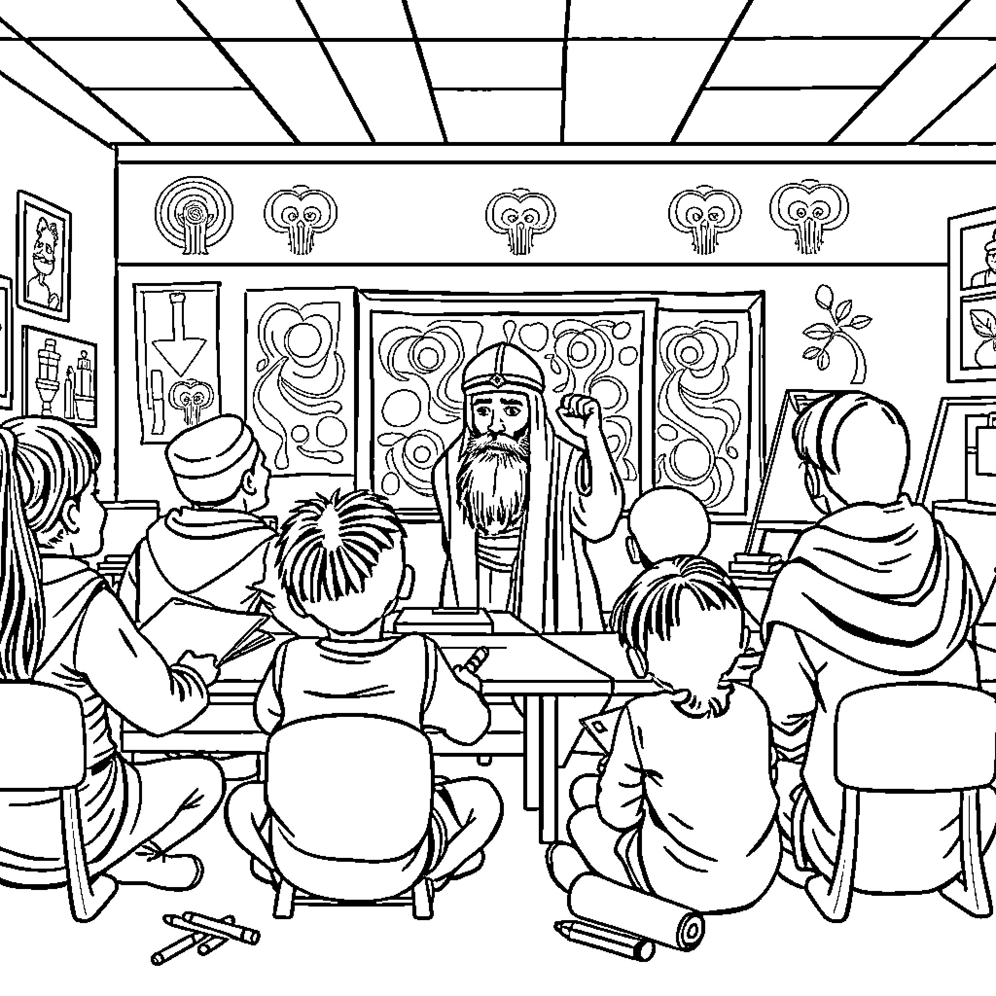 Usthad's Artistic Gathering: A Lively Studio Scene Coloring Page (free black-and-white line drawing printable PDF for all, from beginners to advanced learners, including children, teens, adults, and seniors)