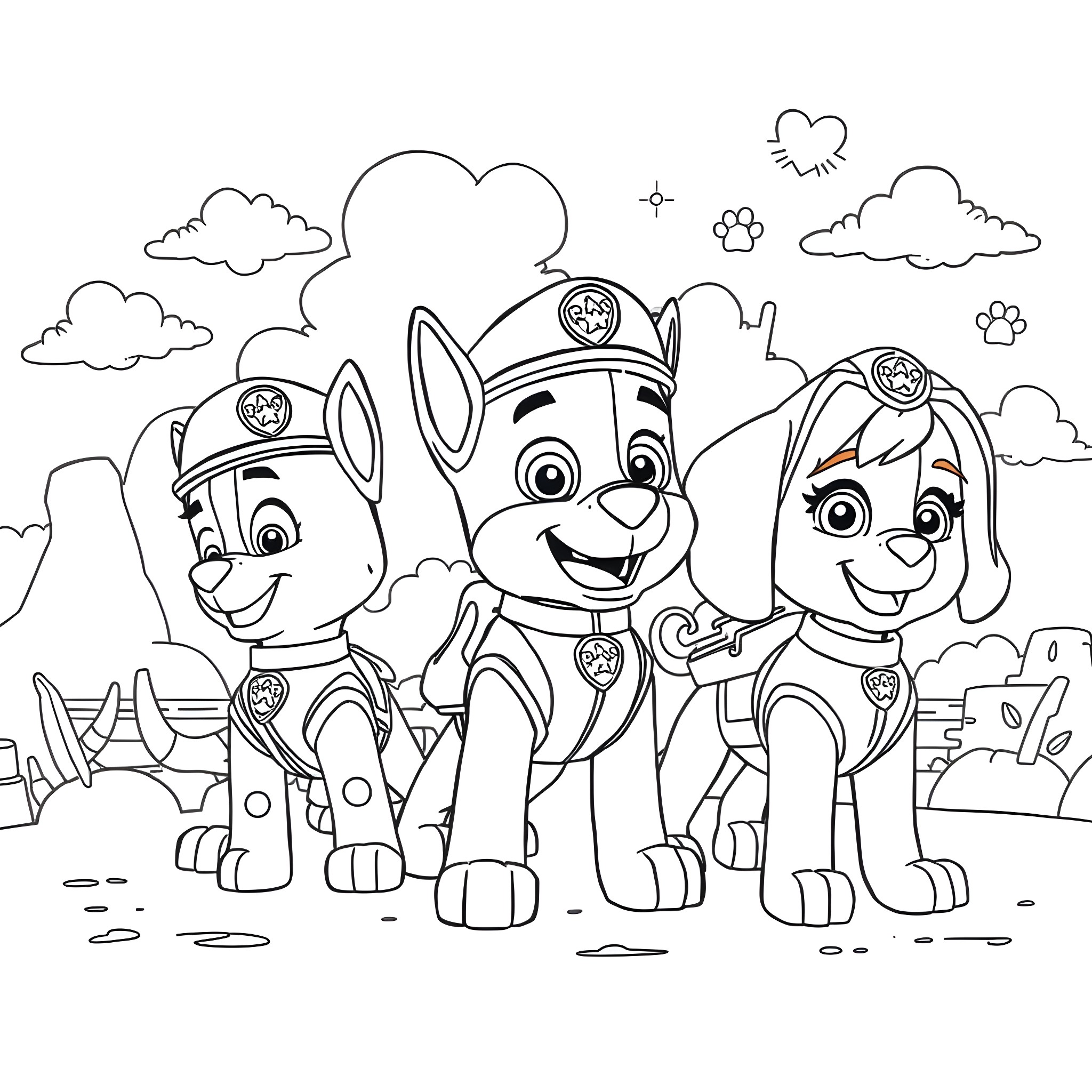 Paw Patrol Team in Outdoor Adventure Coloring Page (free black-and-white line drawing printable PDF for all, from beginners to advanced learners, including children, teens, adults, and seniors)