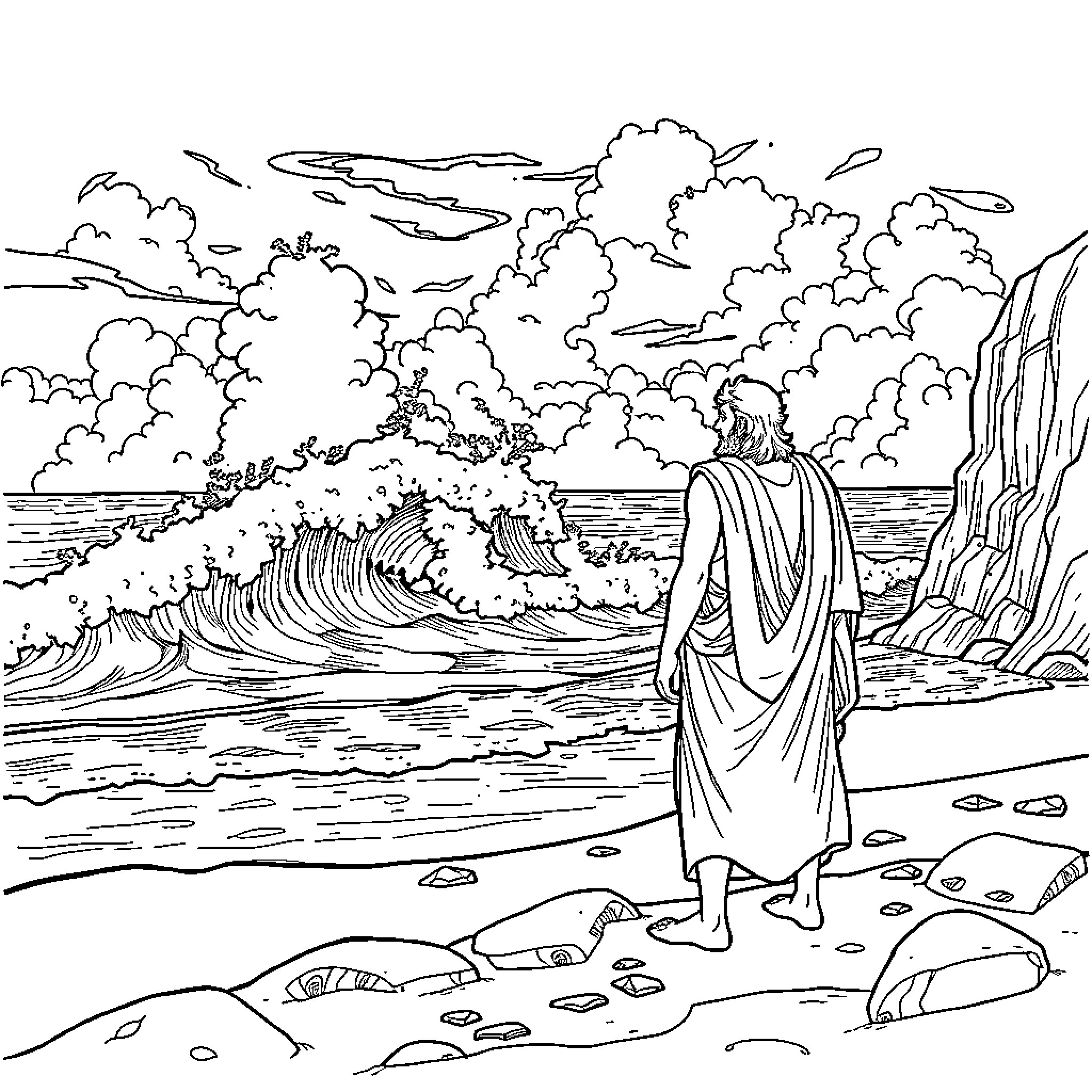 Odysseus Observes the Raging Waves and Stormy Seas Coloring Page (free black-and-white line drawing printable PDF for all, from beginners to advanced learners, including children, teens, adults, and seniors)
