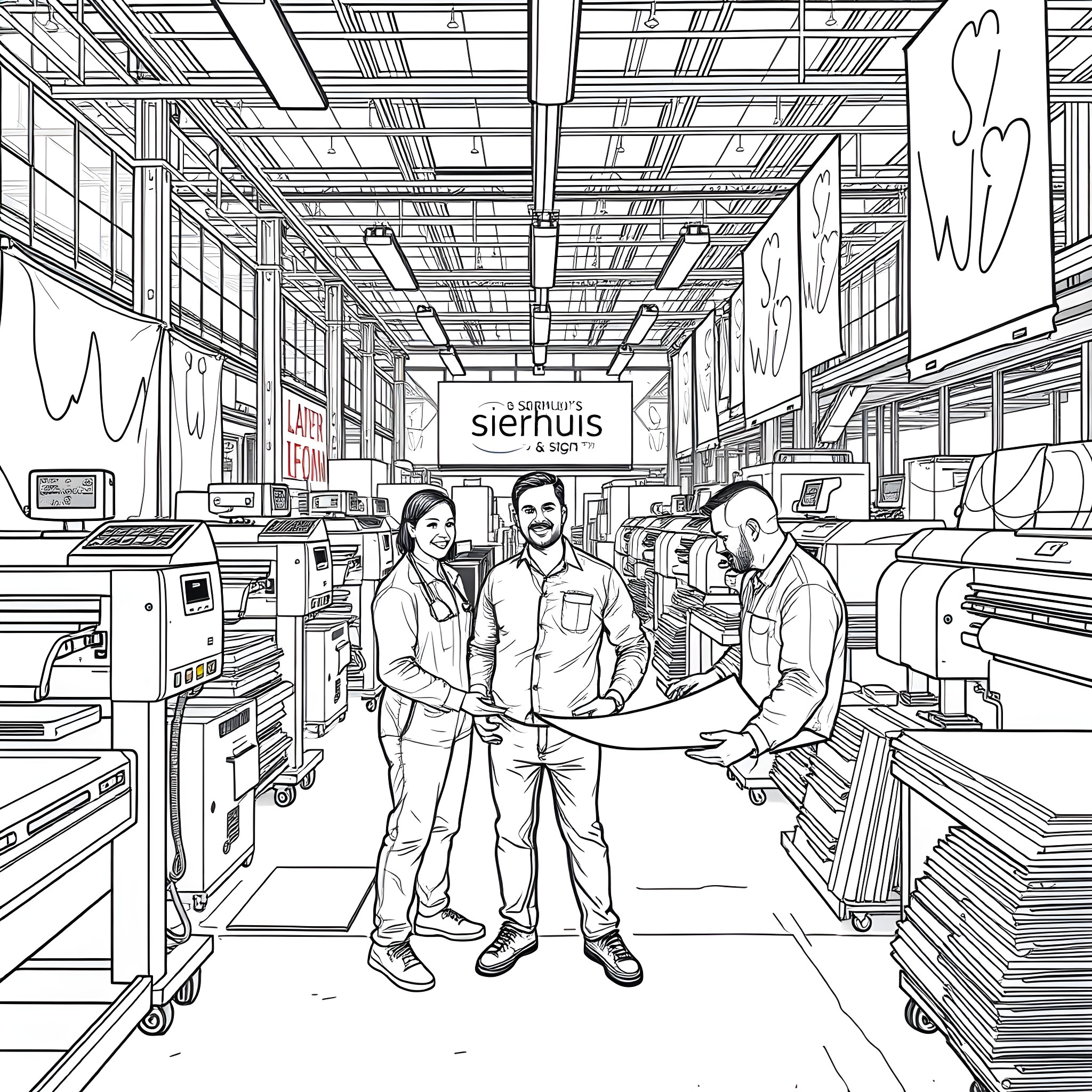 Employee interaction in a hardware store Coloring Page (free black-and-white line drawing printable PDF for all, from beginners to advanced learners, including children, teens, adults, and seniors)