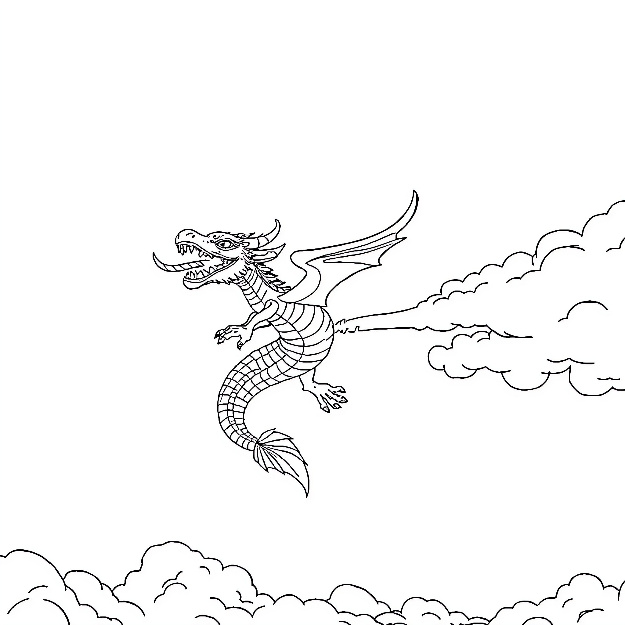 Naga dragon flying through cloudy skies Coloring Page (free black-and-white line drawing printable PDF for all, from beginners to advanced learners, including children, teens, adults, and seniors)