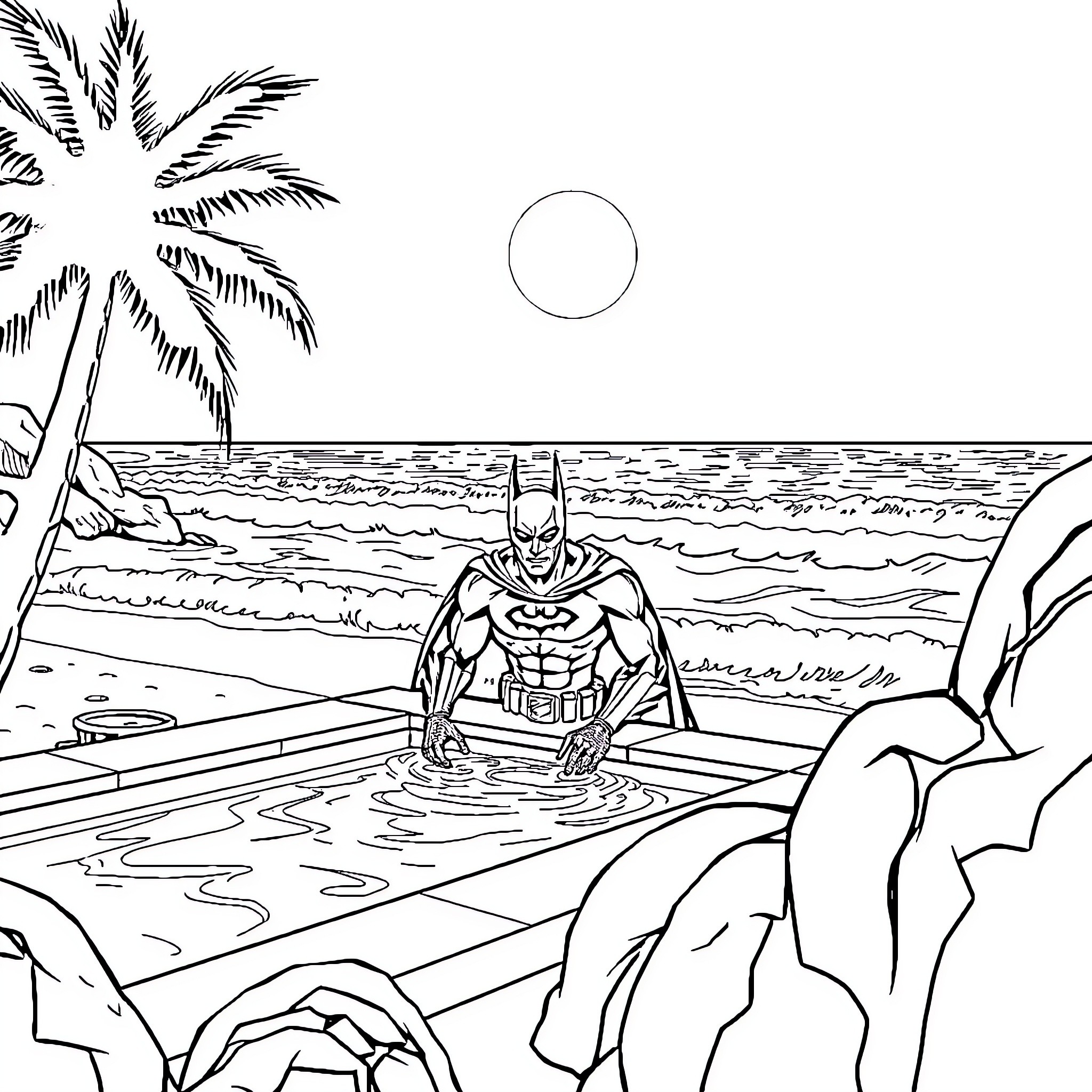 Batman swimming in the tropical beach Coloring Page (free black-and-white line drawing printable PDF for all, from beginners to advanced learners, including children, teens, adults, and seniors)