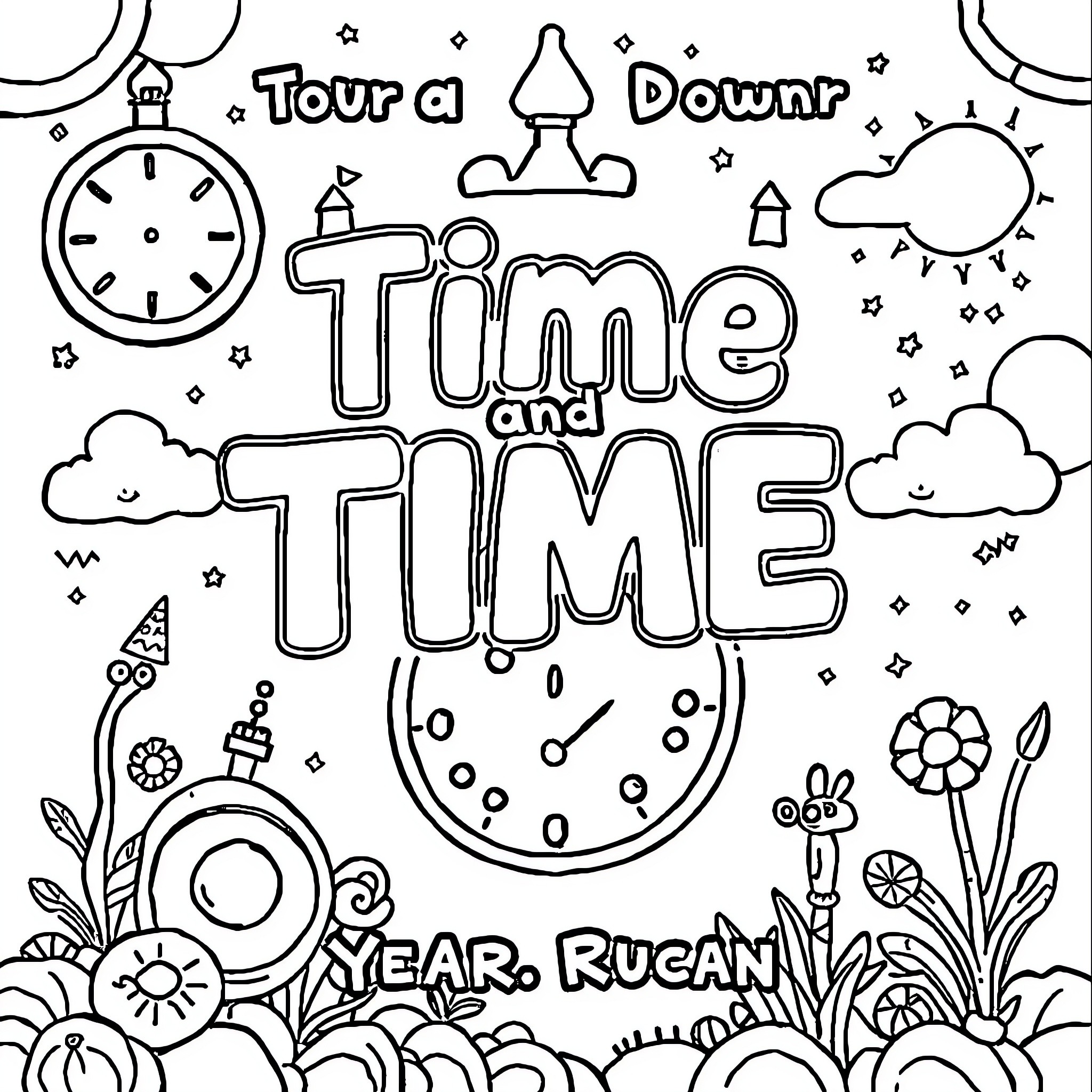 Time to Tour a Downr Time and Time Coloring Page (free black-and-white line drawing printable PDF for all, from beginners to advanced learners, including children, teens, adults, and seniors)
