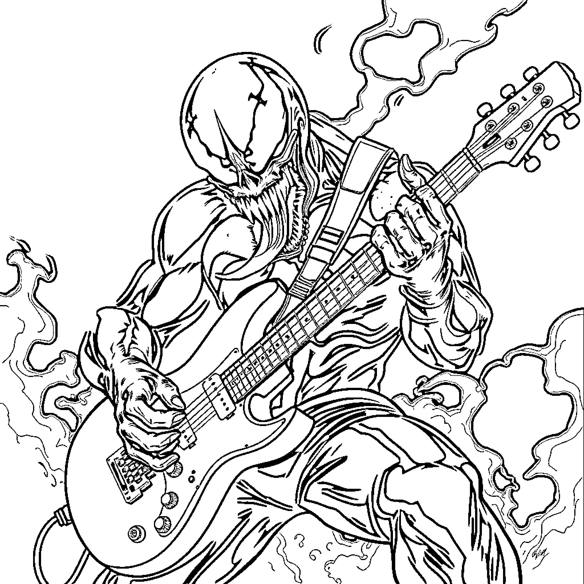Venom Shredding Rocking Guitar on Stage Coloring Page (free black-and-white line drawing printable PDF for all, from beginners to advanced learners, including children, teens, adults, and seniors)